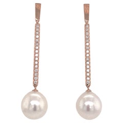 South Sea Pearl Diamond Drop Bar Earrings 0.63 Carat 18 Karat Rose Gold 12-13 MM