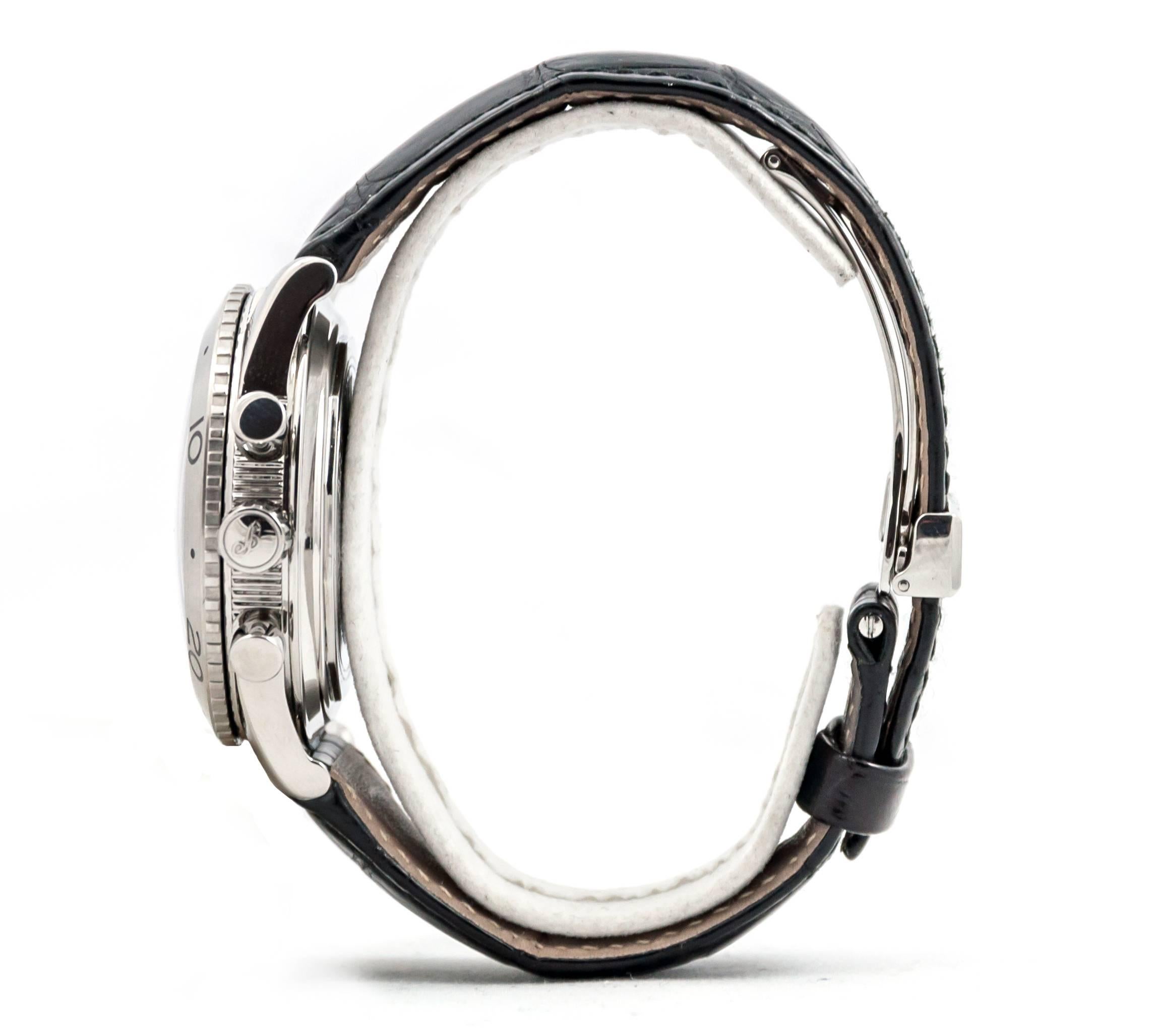 Breguet
Chronograph watch.
Steel / Black leather strap.
Buckle Breguet.
Ref. Transatlantic 3820.
Automatic movement.
Warranty 1 year.