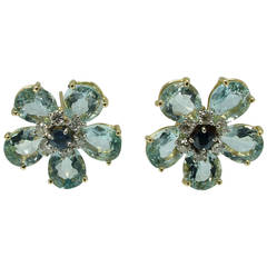 Aquamarine Sapphire Diamond Floral Earclip Earrings