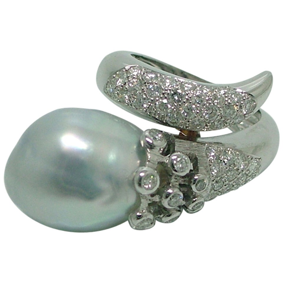 Whimsical Baroque Pearl Diamond Ring For Sale