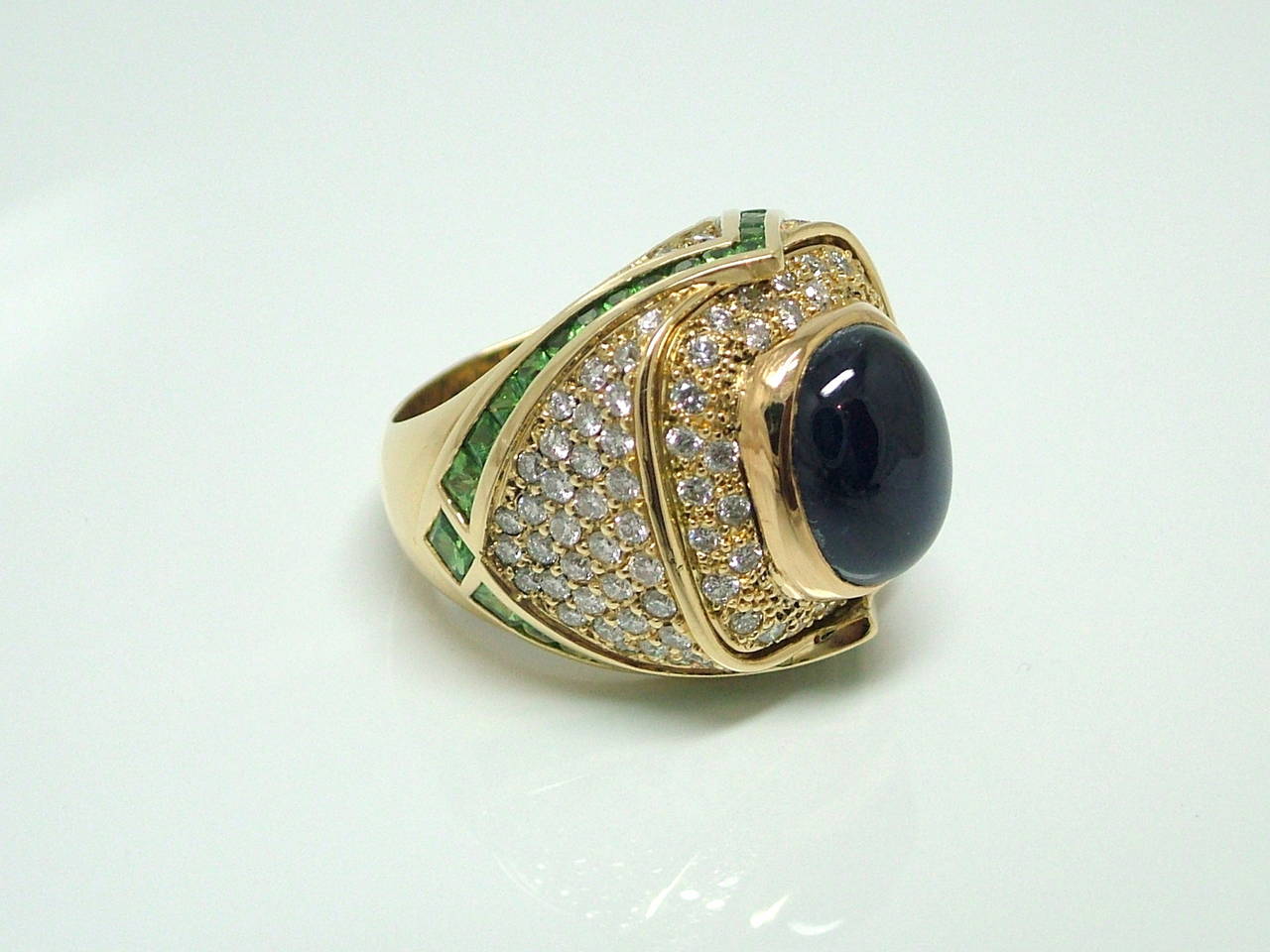 Contemporary Tsavorite Sapphire Diamond Gold Dome Ring For Sale