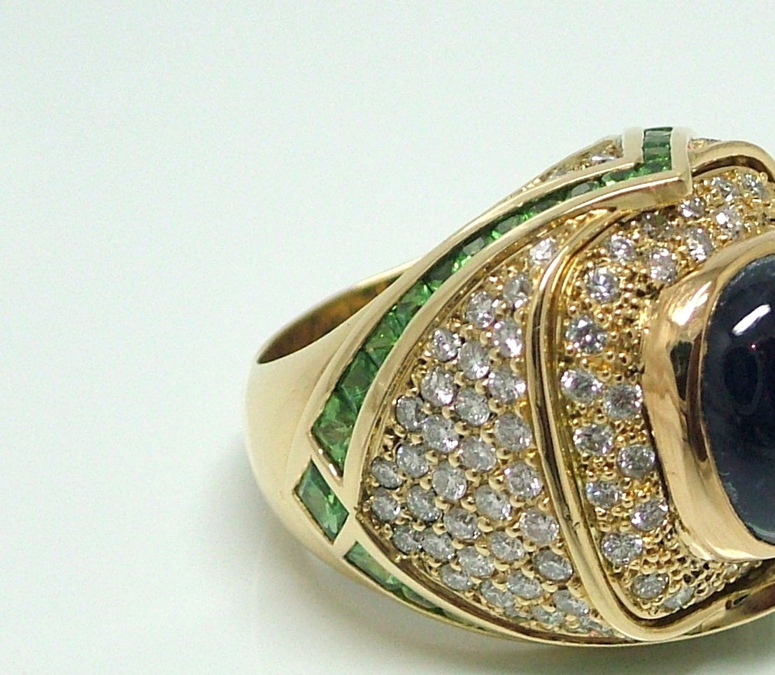 Tsavorite Sapphire Diamond Gold Dome Ring For Sale 2