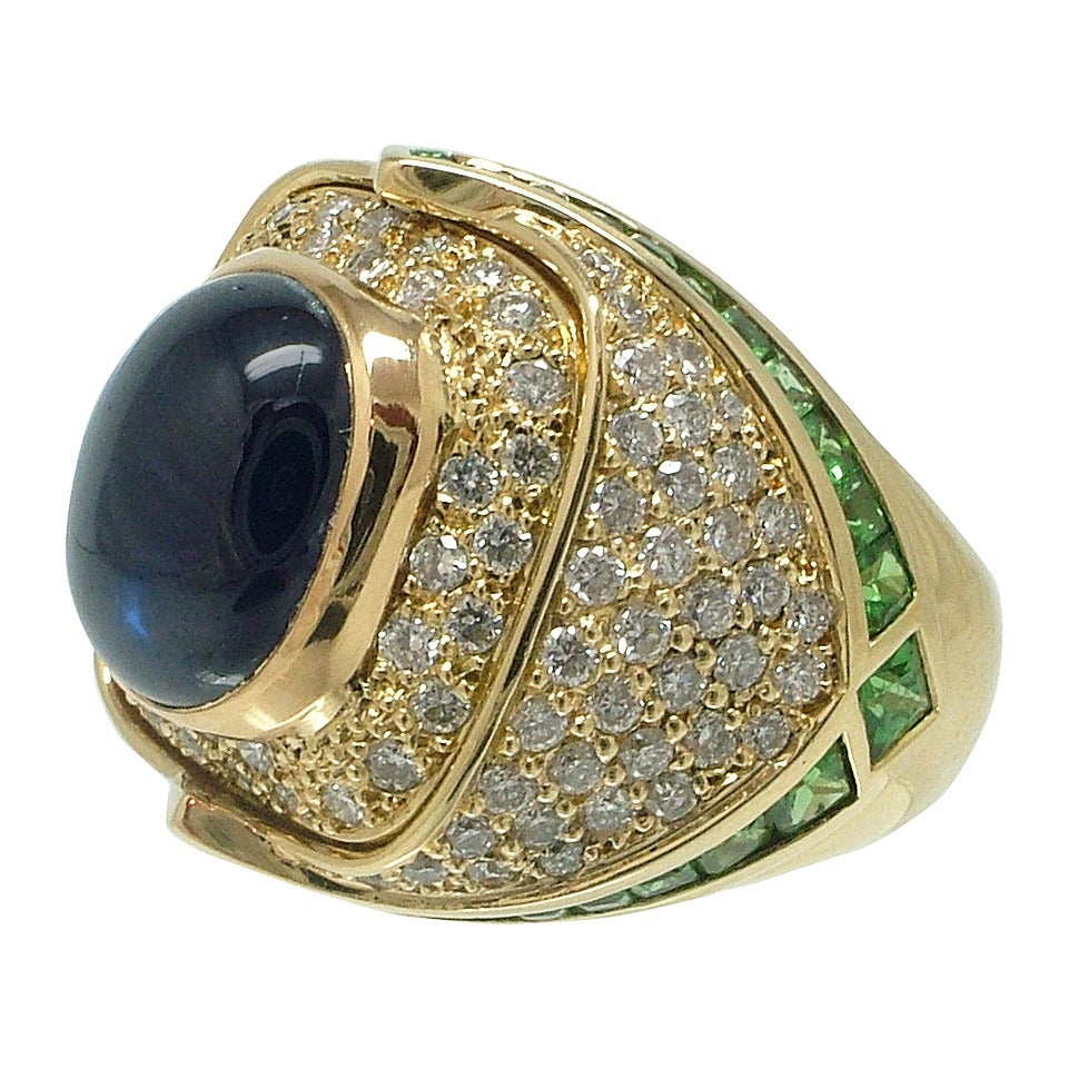 Tsavorite Sapphire Diamond Gold Dome Ring For Sale