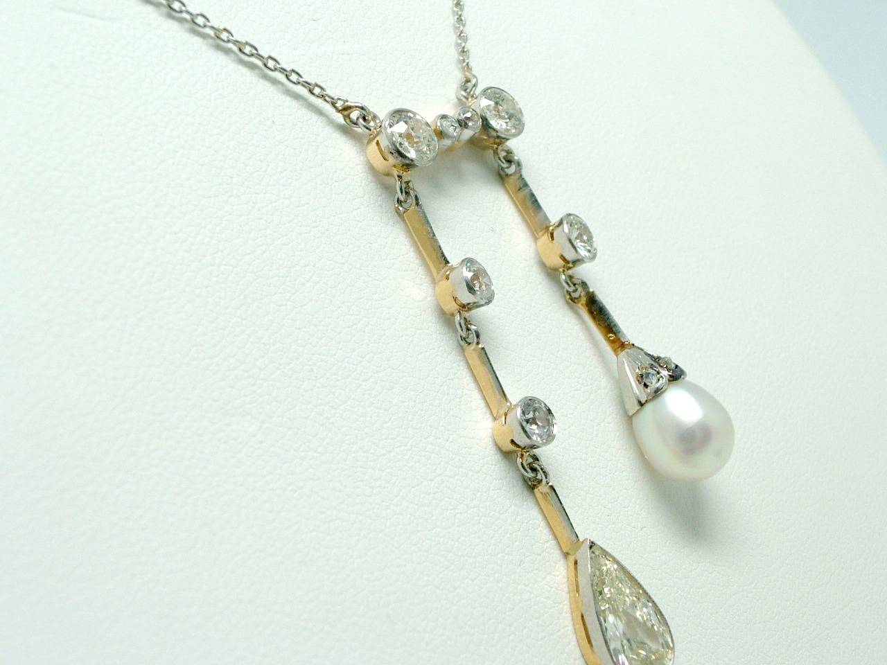 Natural Pearl Diamond Gold Platinum Negligeé Necklace In Good Condition For Sale In Madrid, ES