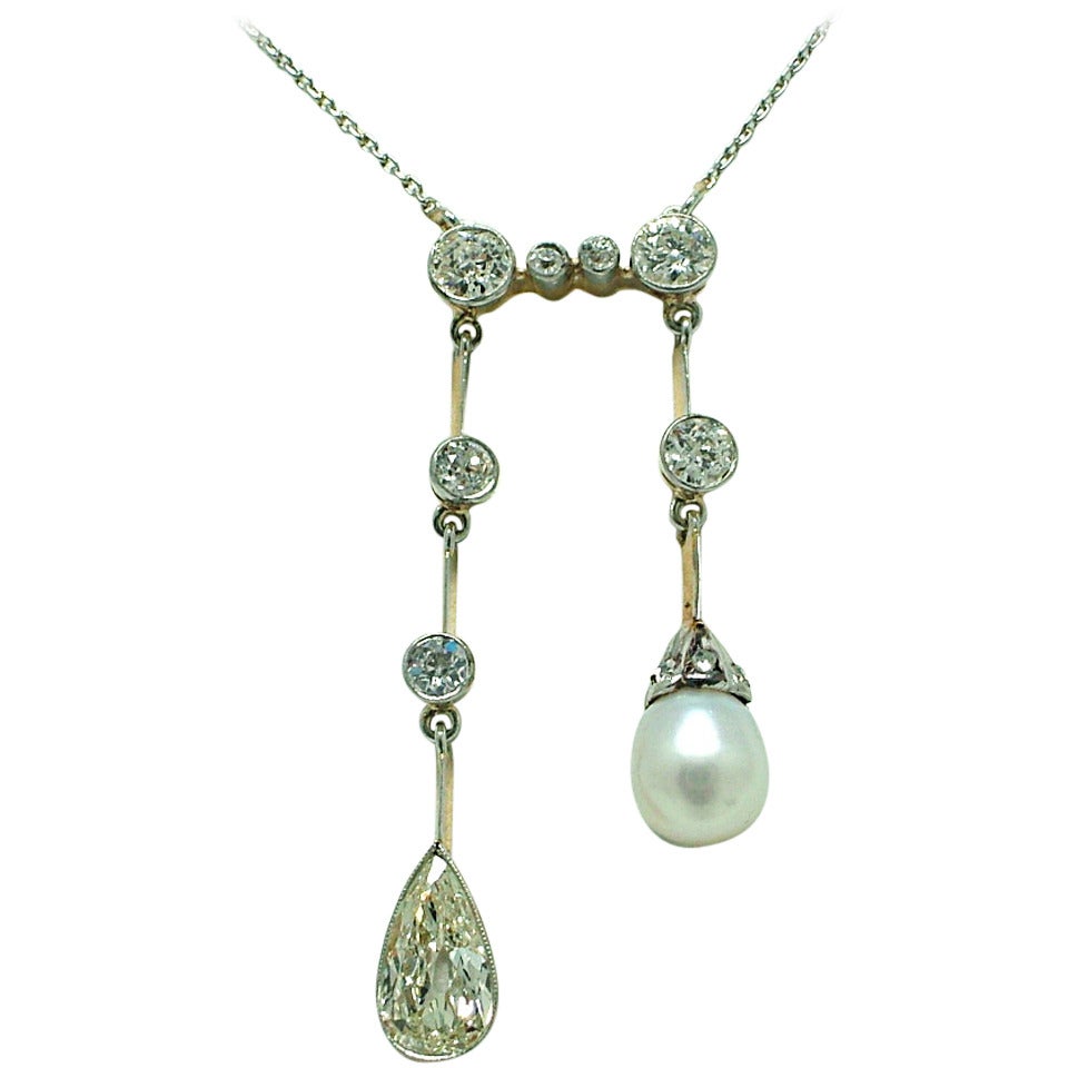 Natural Pearl Diamond Gold Platinum Negligeé Necklace For Sale