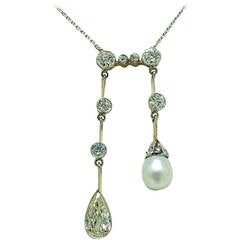 Natural Pearl Diamond Gold Platinum Negligeé Necklace