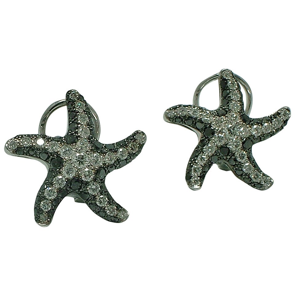 Black and White Diamond Starfish Ear Clips For Sale