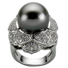 Tahitian Cultured Pearl Diamond White Gold Flower Ring Tahitian Cultured Pearl Diamond White Gold Flower Ring