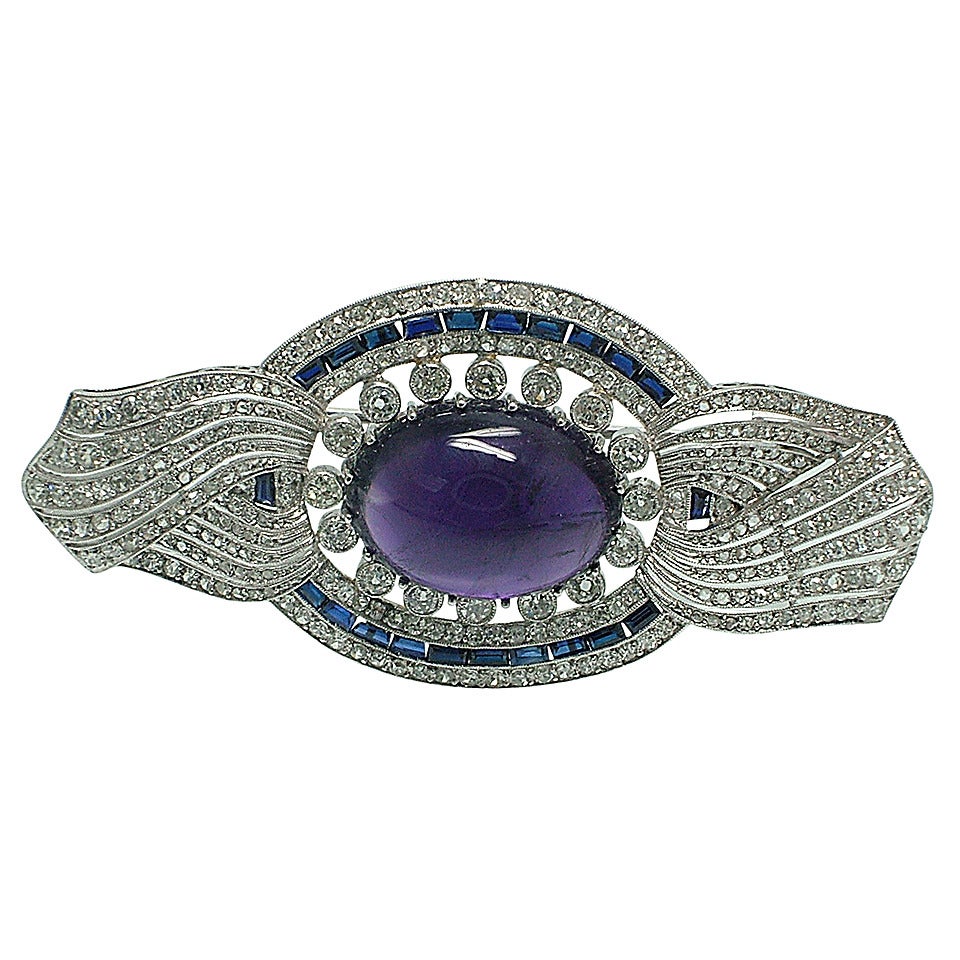 Antique Amethyst Blue Sapphire Diamond Brooch For Sale