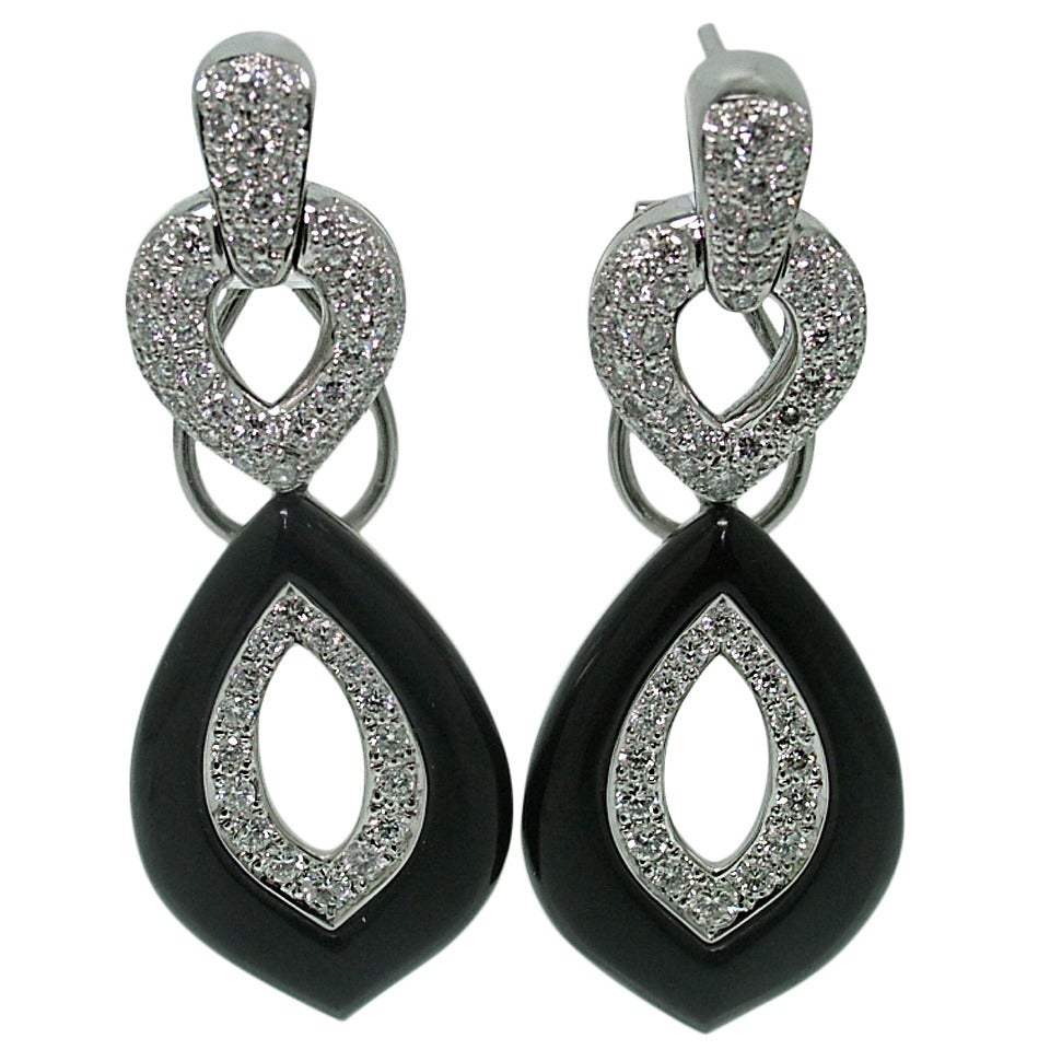 Onyx Diamond Gold Dangle Earrings For Sale