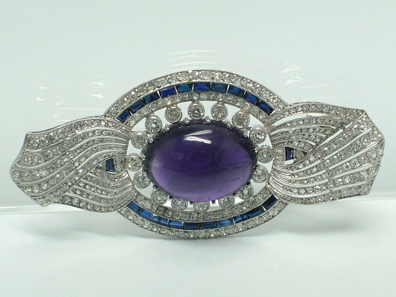 Women's Antique Amethyst Blue Sapphire Diamond Brooch For Sale