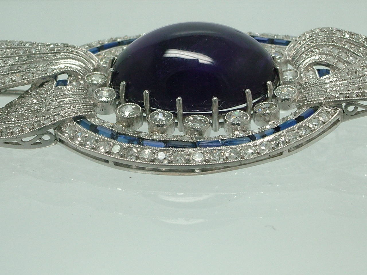 Antique Amethyst Blue Sapphire Diamond Brooch For Sale 1