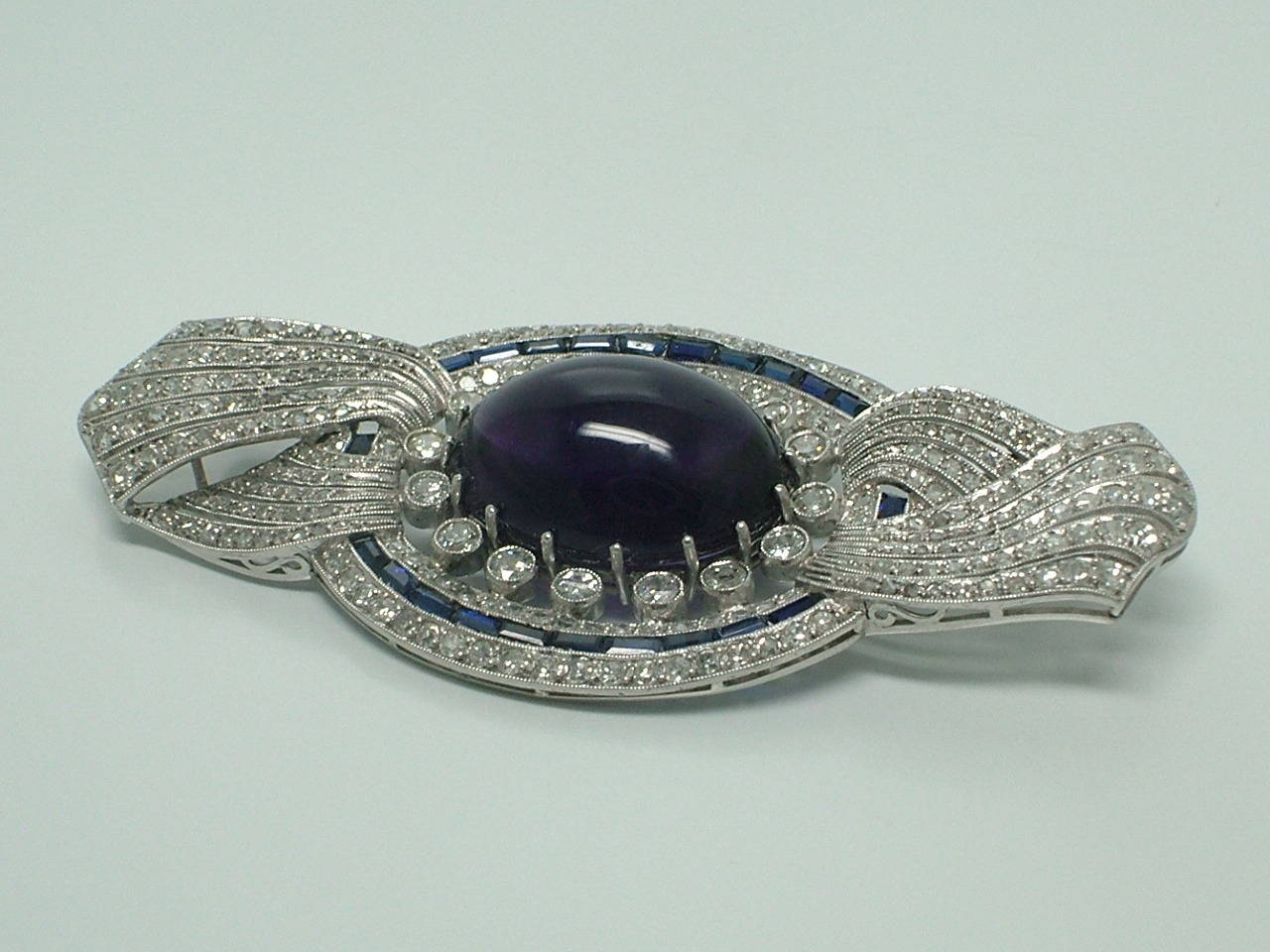 Antique Amethyst Blue Sapphire Diamond Brooch For Sale 2