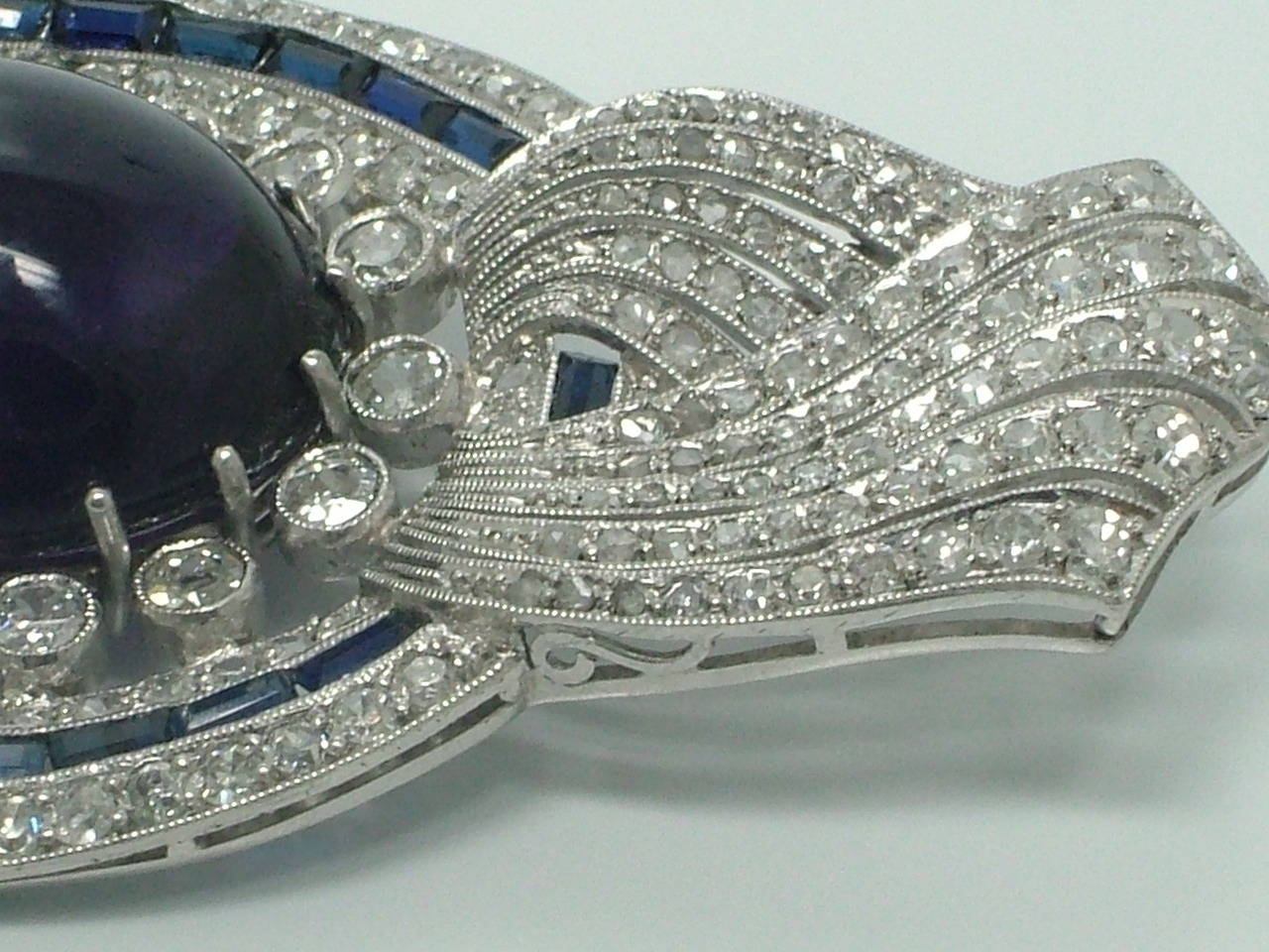Antique Amethyst Blue Sapphire Diamond Brooch For Sale 3
