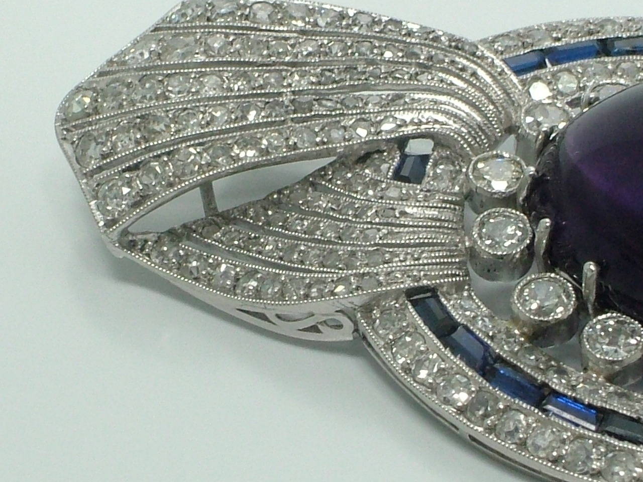Antique Amethyst Blue Sapphire Diamond Brooch For Sale 4