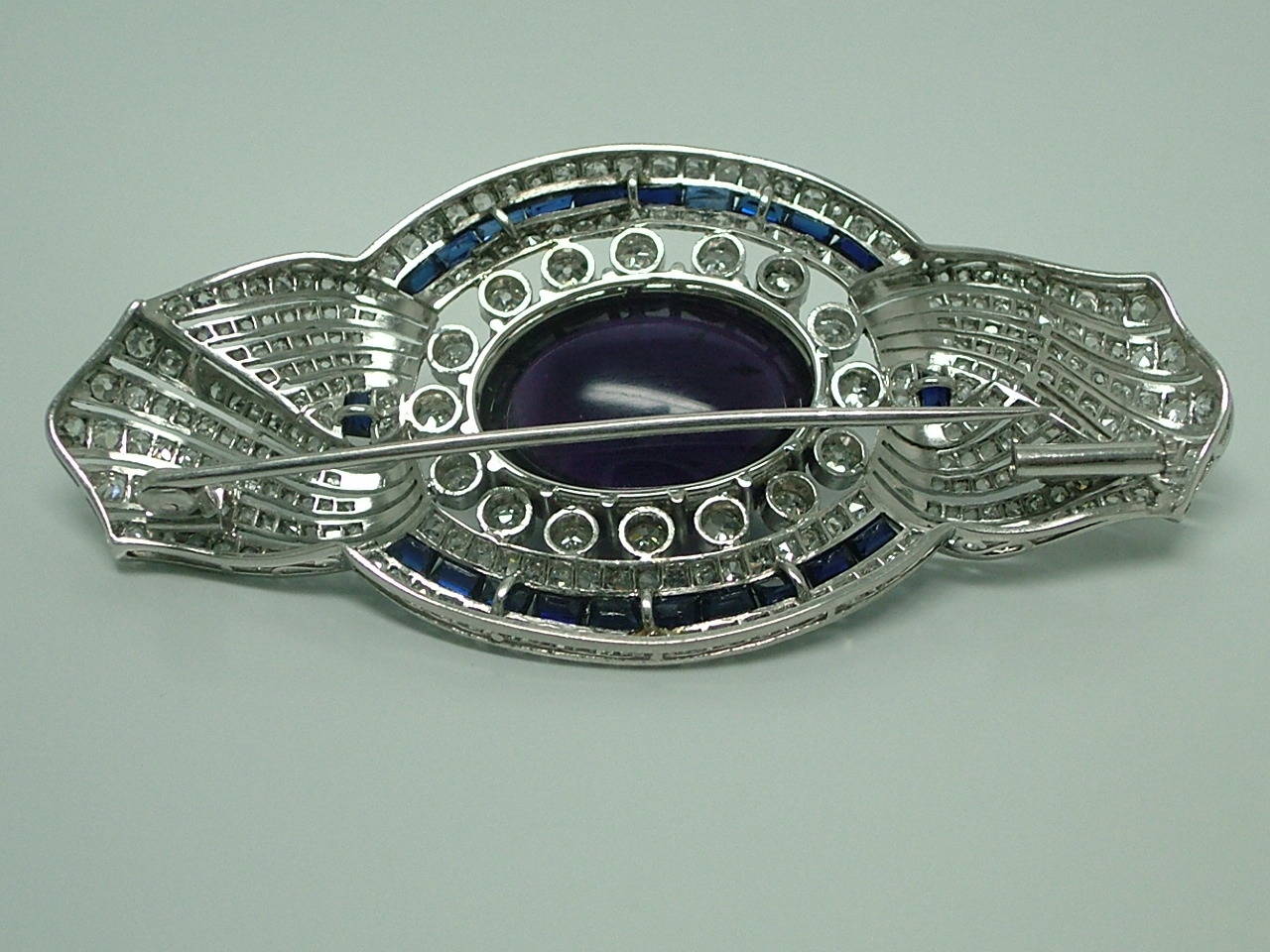 Antique Amethyst Blue Sapphire Diamond Brooch For Sale 5