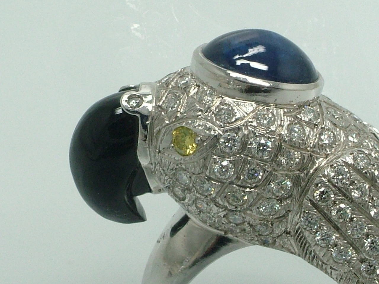 Onyx Blue Sapphire Diamond Gold Parrot Ring
