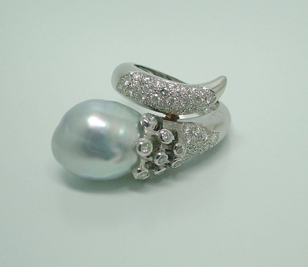 Contemporary Whimsical Baroque Pearl Diamond Ring For Sale