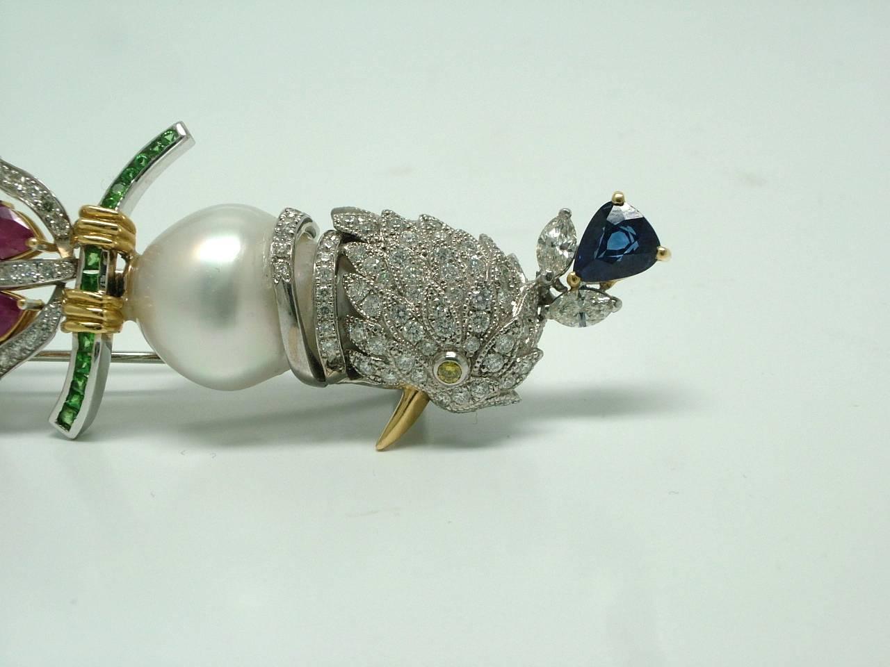 Modern Denizse Gem Set Pearl Diamond Gold bird of paradise brooch For Sale