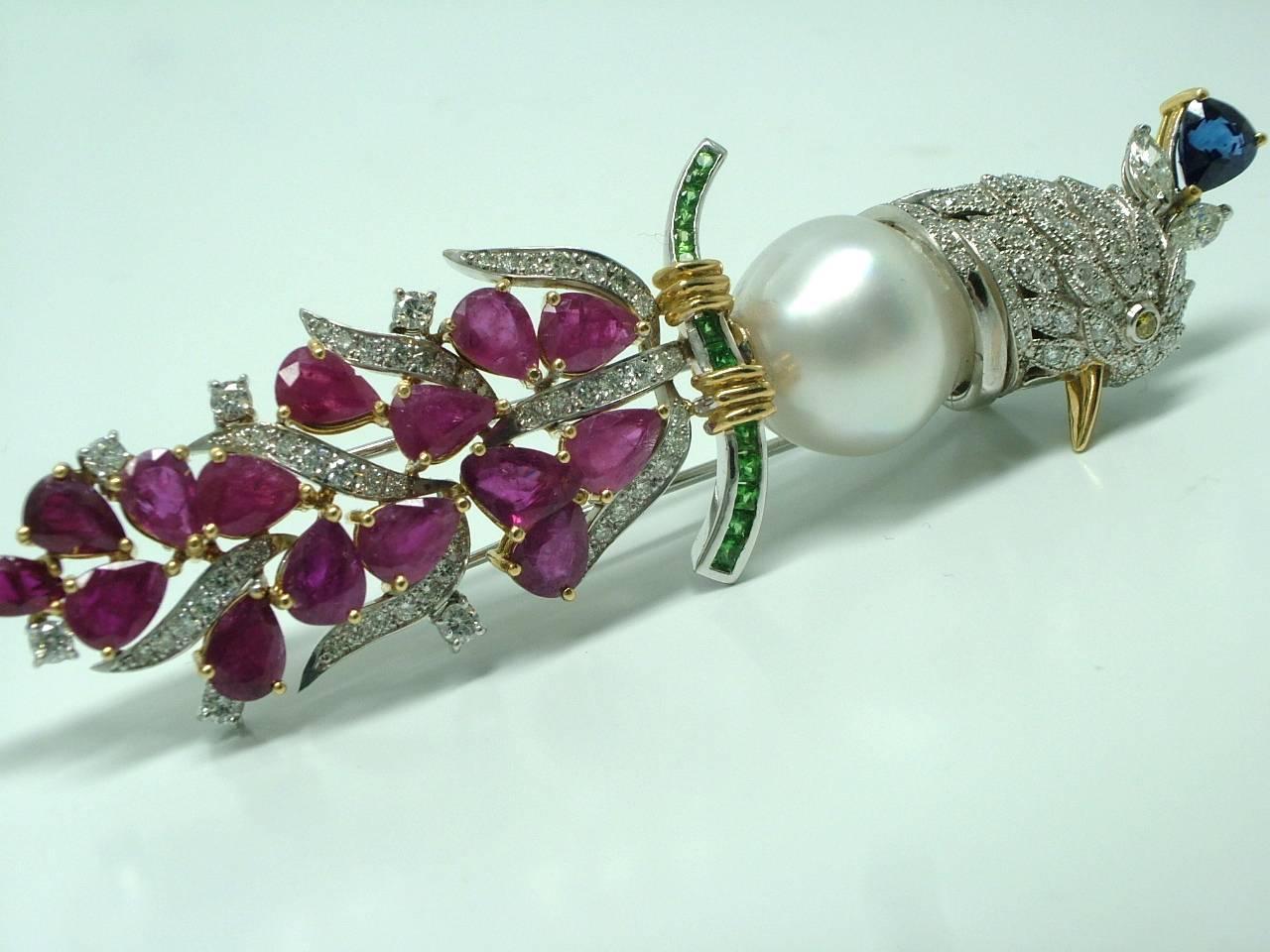 Women's Denizse Gem Set Pearl Diamond Gold bird of paradise brooch For Sale