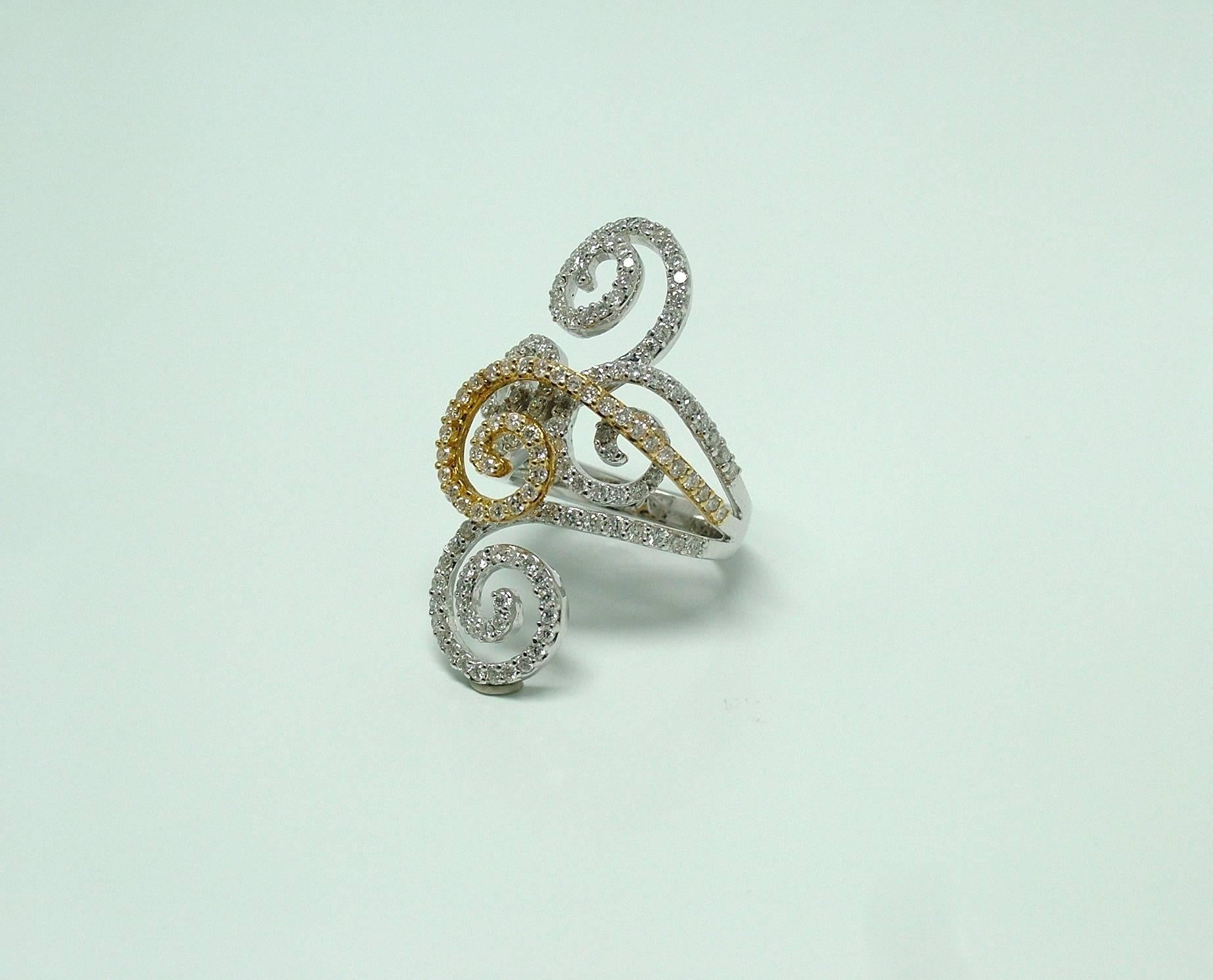 Women's Diamond Two-Color Gold Scroll Motif Ring For Sale