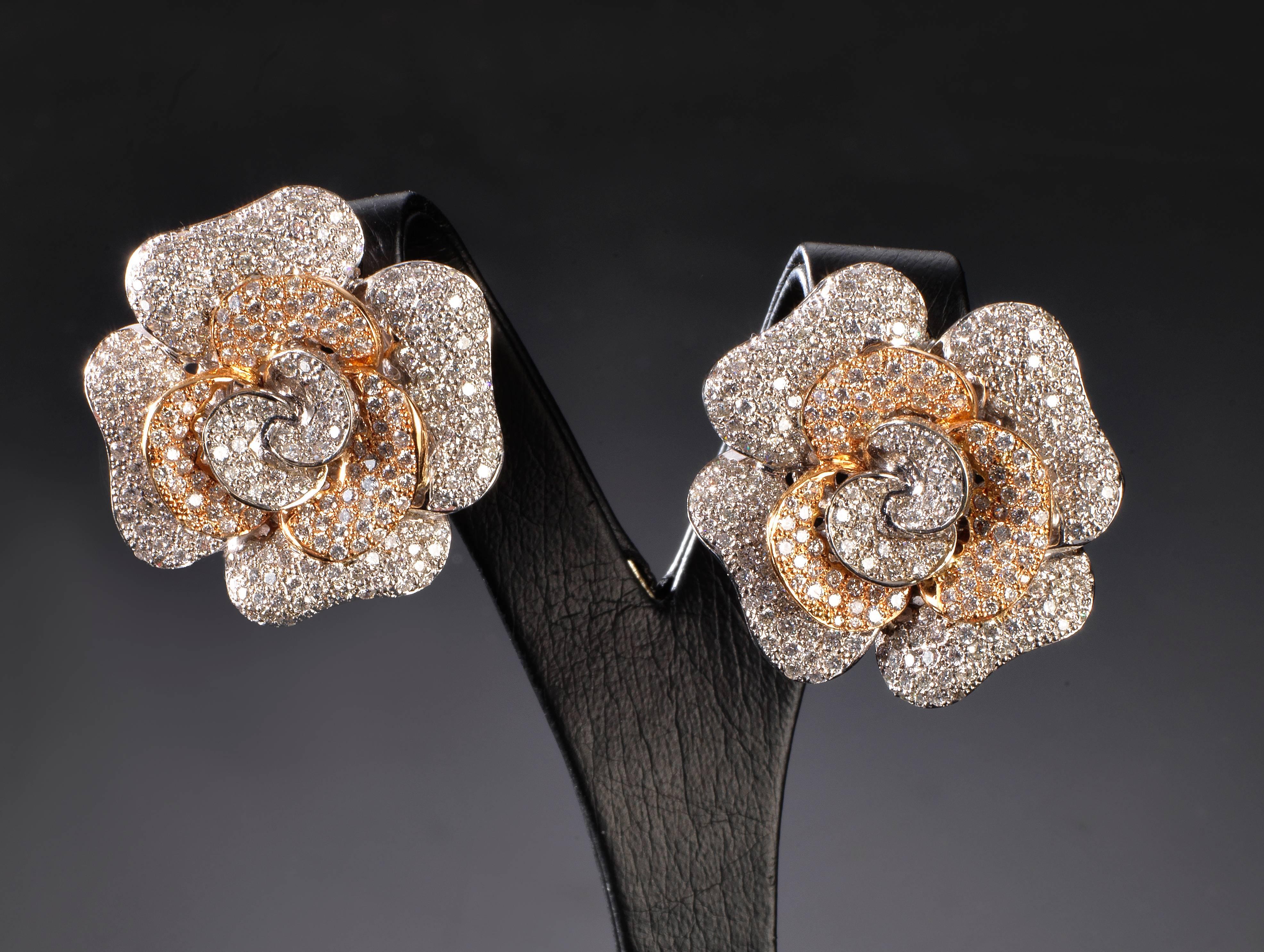 Modern Pavé Set Diamonds Gold Camelia Earclips For Sale