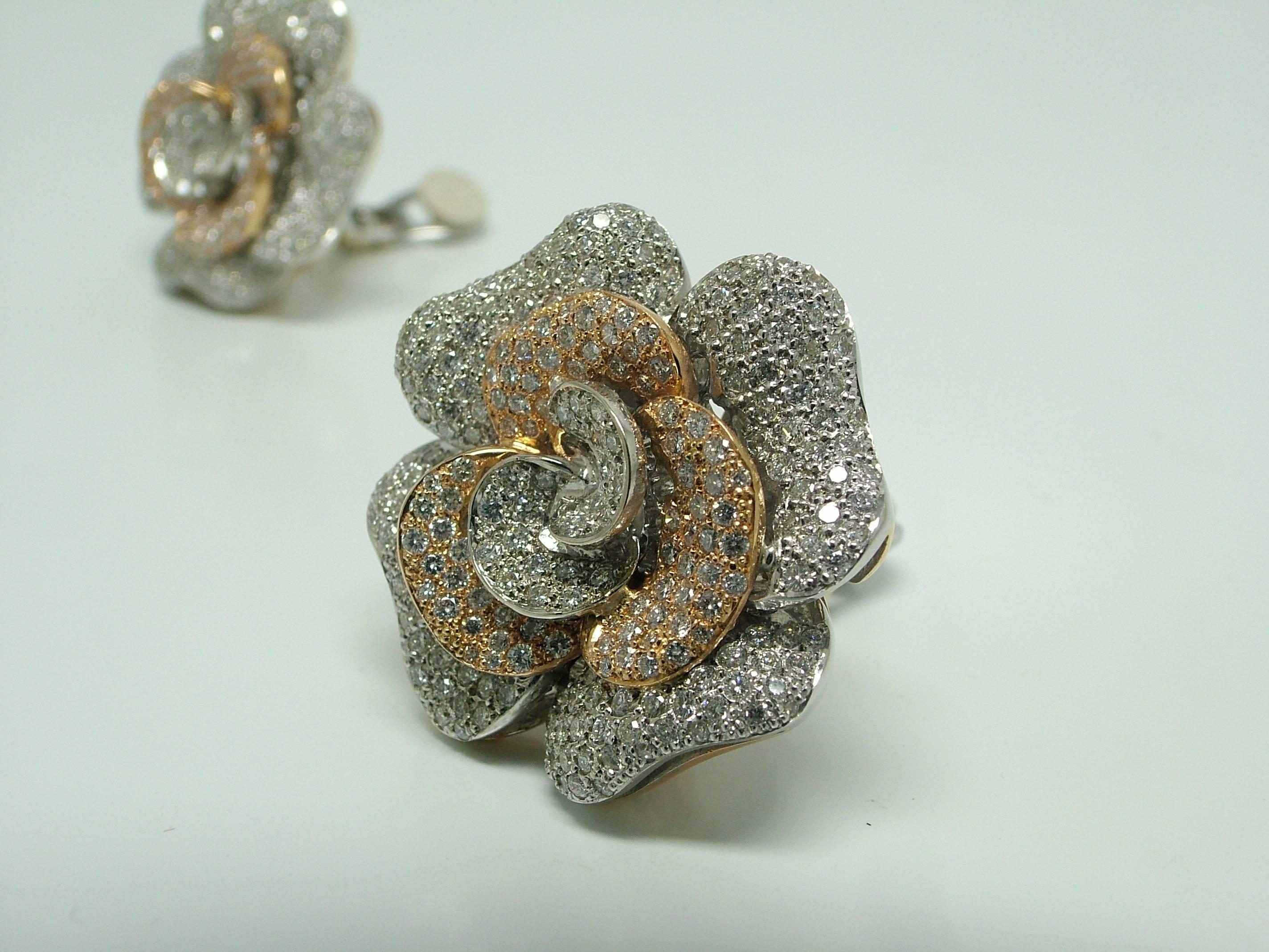 Pavé Set Diamonds Gold Camelia Earclips For Sale 2