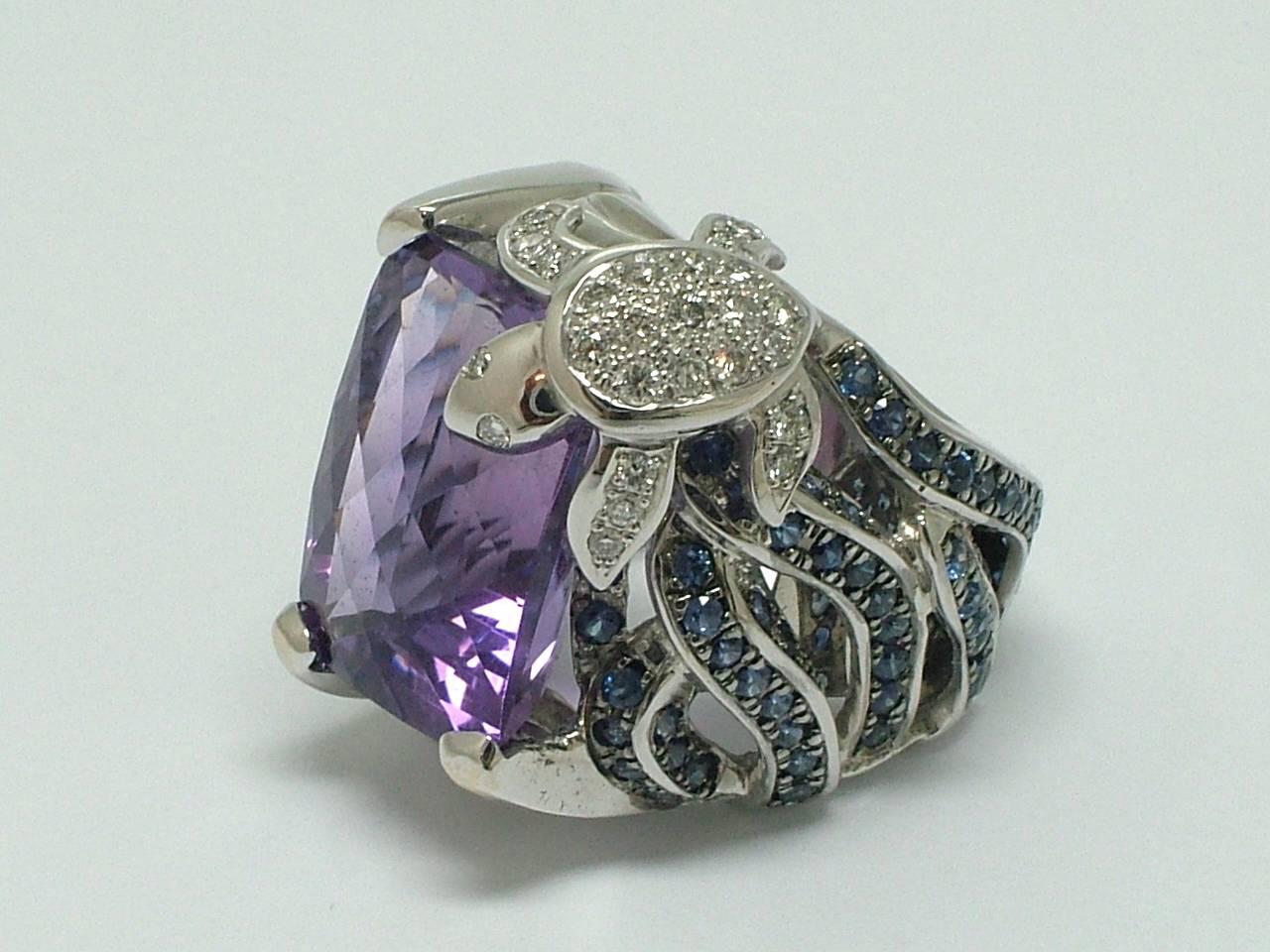 Charming Amethyst Sapphire Gold Turtle Ring For Sale 1