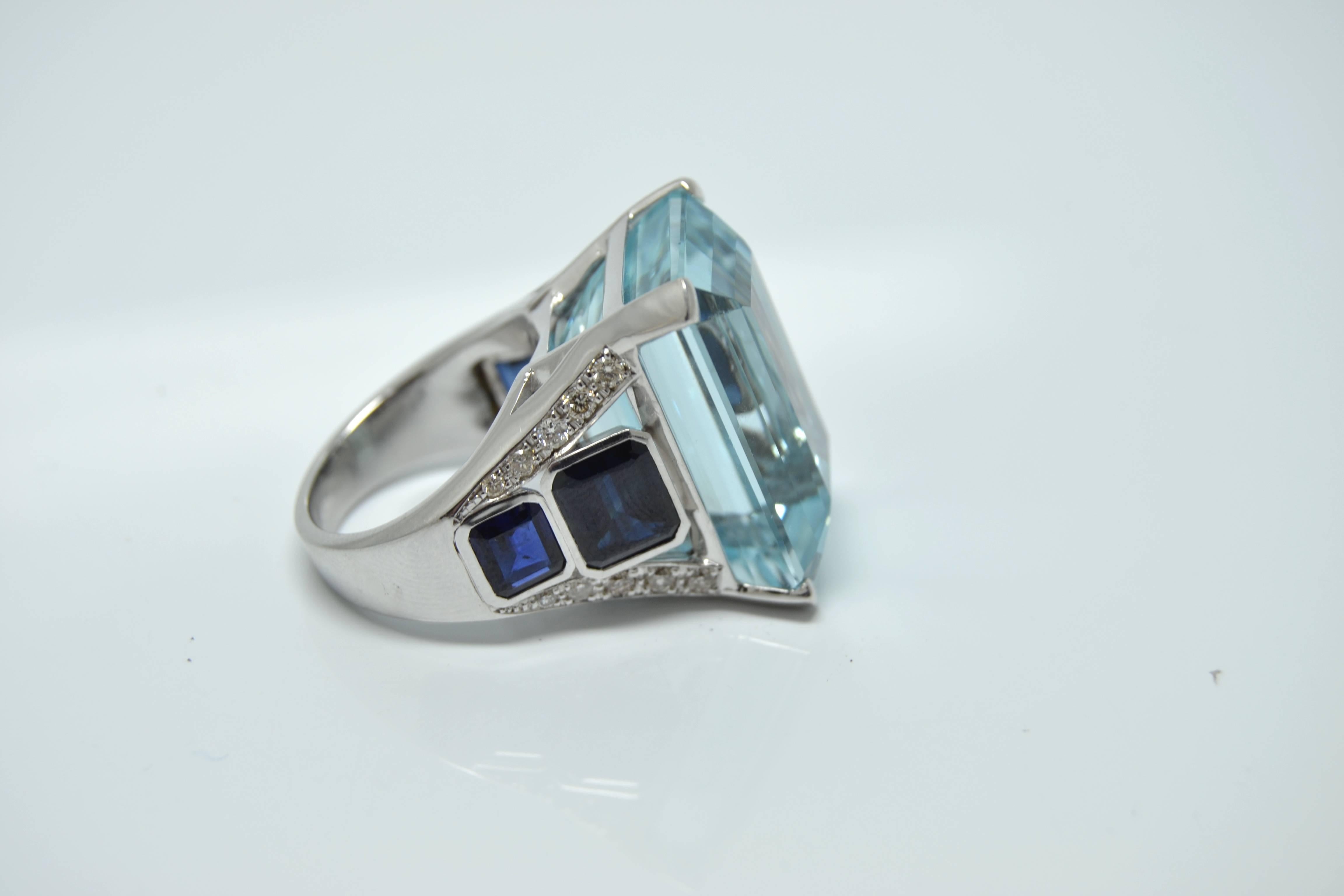 Emerald Cut 38.20 Carat Aquamarine Sapphire Diamond White Gold Ring For Sale