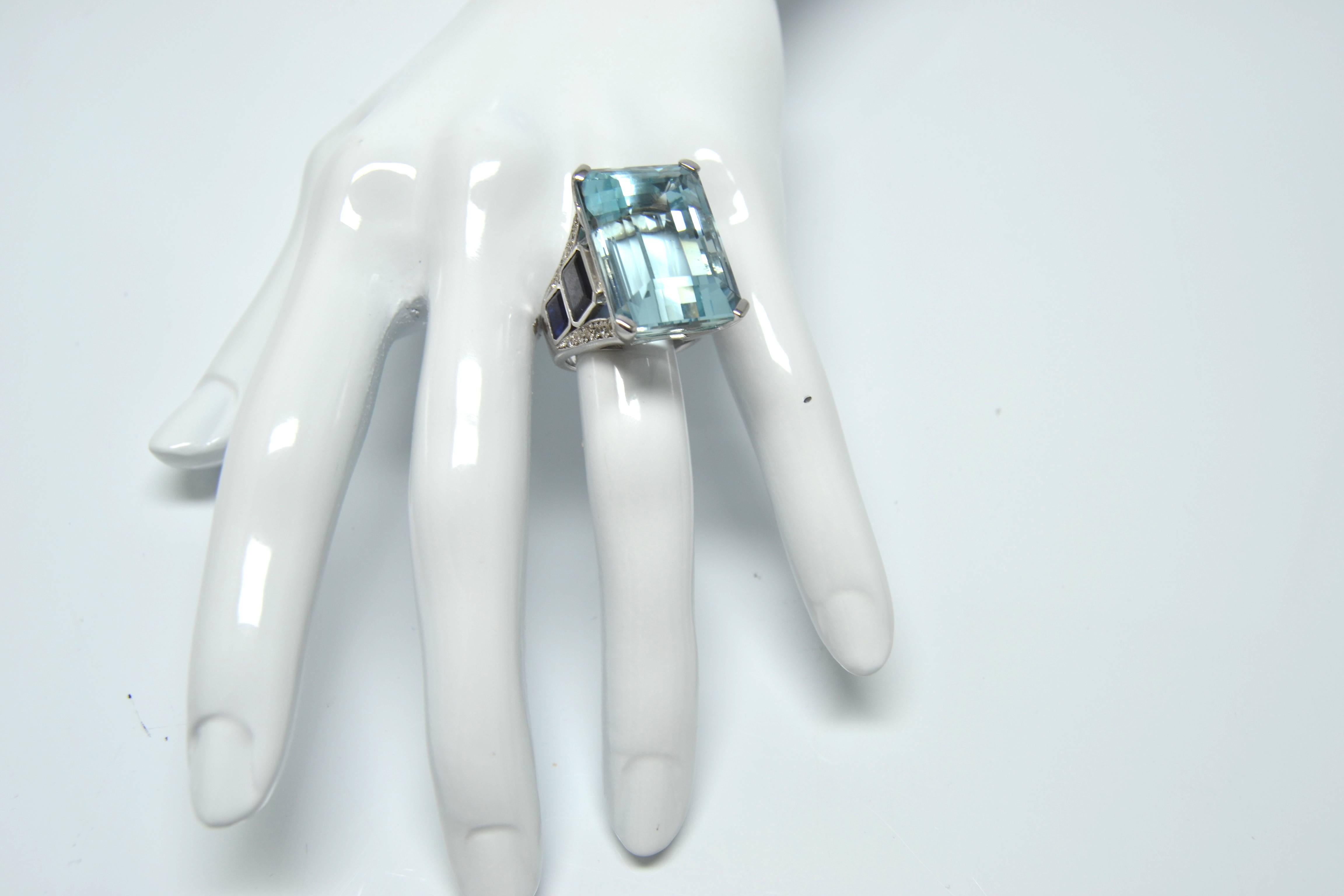 38.20 Carat Aquamarine Sapphire Diamond White Gold Ring For Sale 1