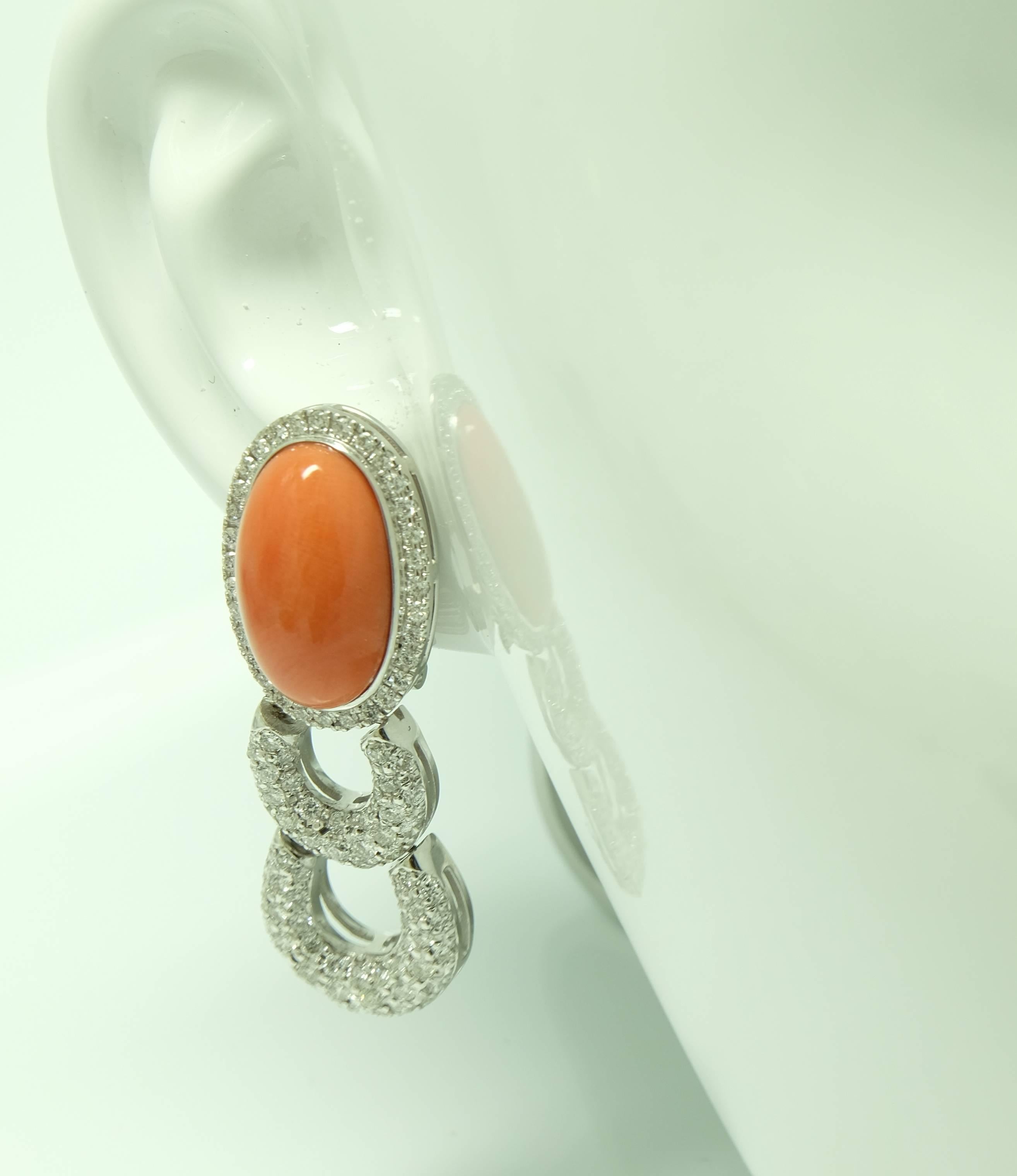 Contemporary Coral Diamond White Gold Clip-On Ear Pendants Earrings For Sale