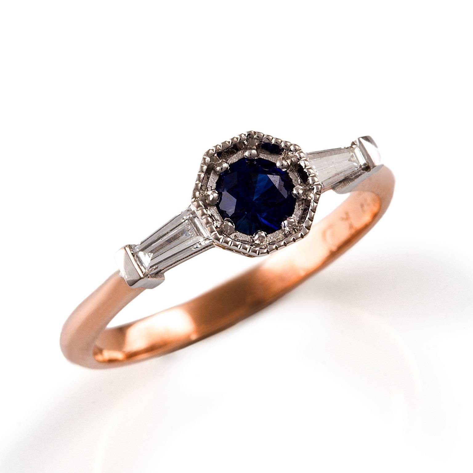 Baguette Cut Kian Design 18 Carat Two-Tone Ceylon Sapphire Diamond Art Deco Style Ring For Sale