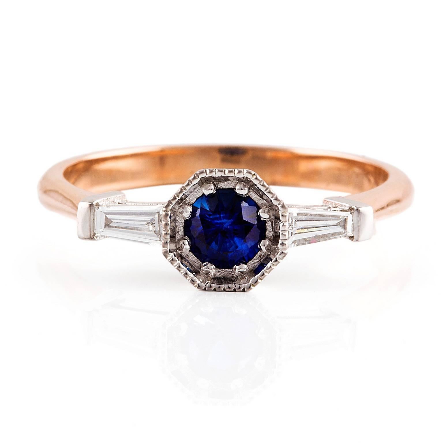 Kian Design 18 Carat Two-Tone Ceylon Sapphire Diamond Art Deco Style Ring In New Condition For Sale In South Perth, AU