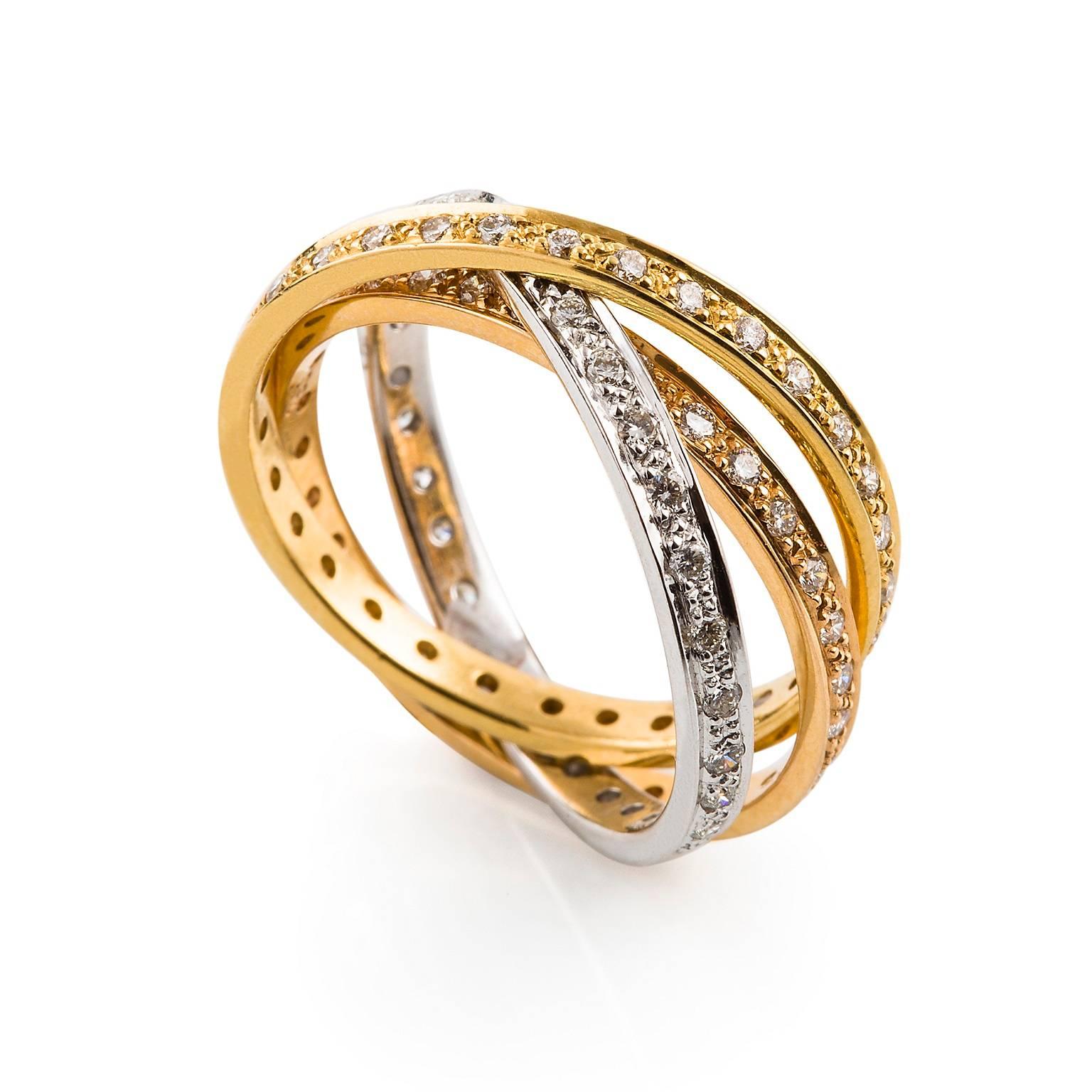 Russo  Diamante Ring

The multi-gold - a mix of 18 carat white, yellow and rose golds, makes this Russian wedding ring a standout. Consisting of three interlocking bands, also known as a trinity ring, enhances the sparkle of the diamond with