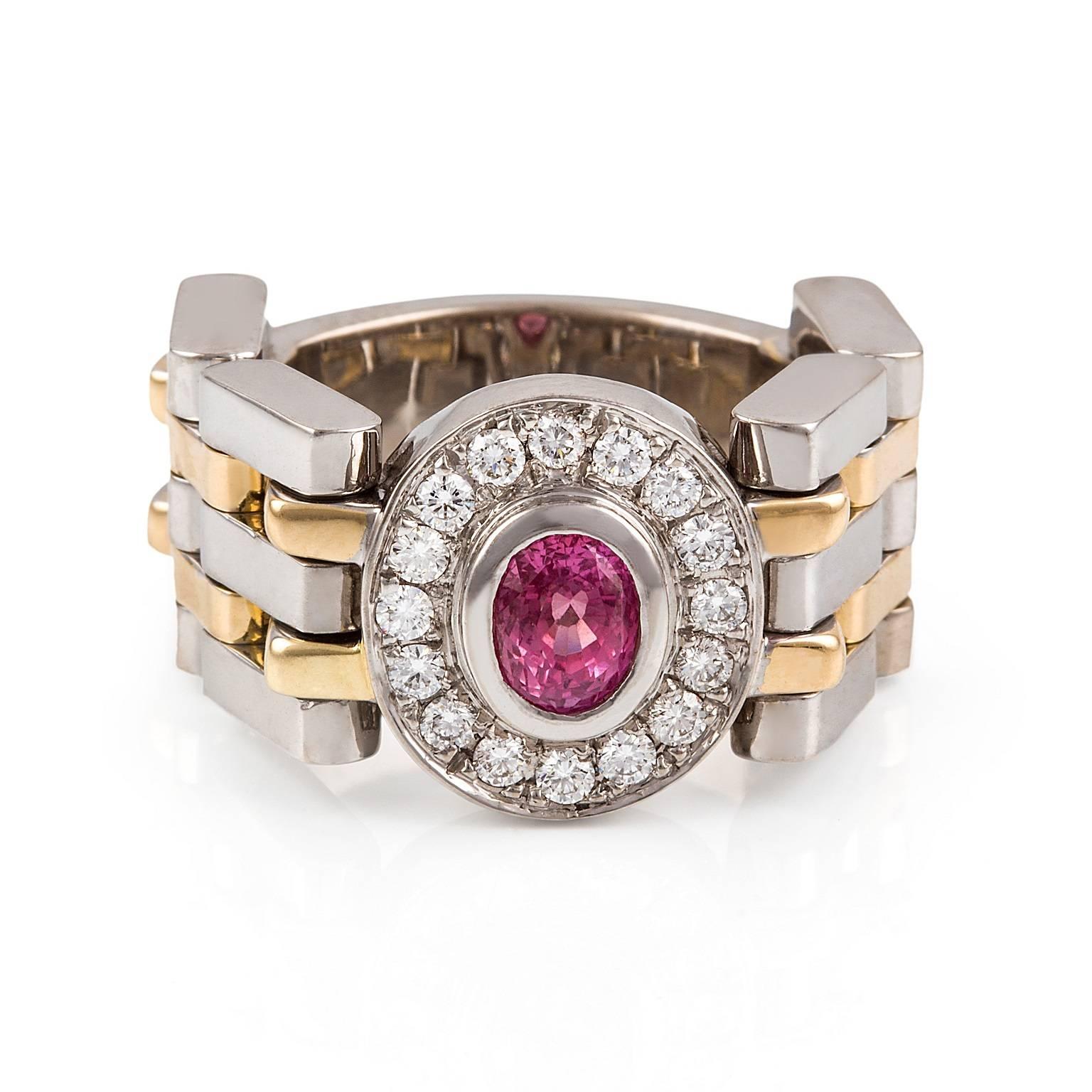 Rosa Zaffiro & Diamante Ring

This distinctive hand-made 18 carat two-tone gold ring is set with a beautiful padparadascha sapphire that is surrounded by a halo of bead set diamonds.

Oval faceted padparadascha sapphire: Medium pink colour, 6.0 x