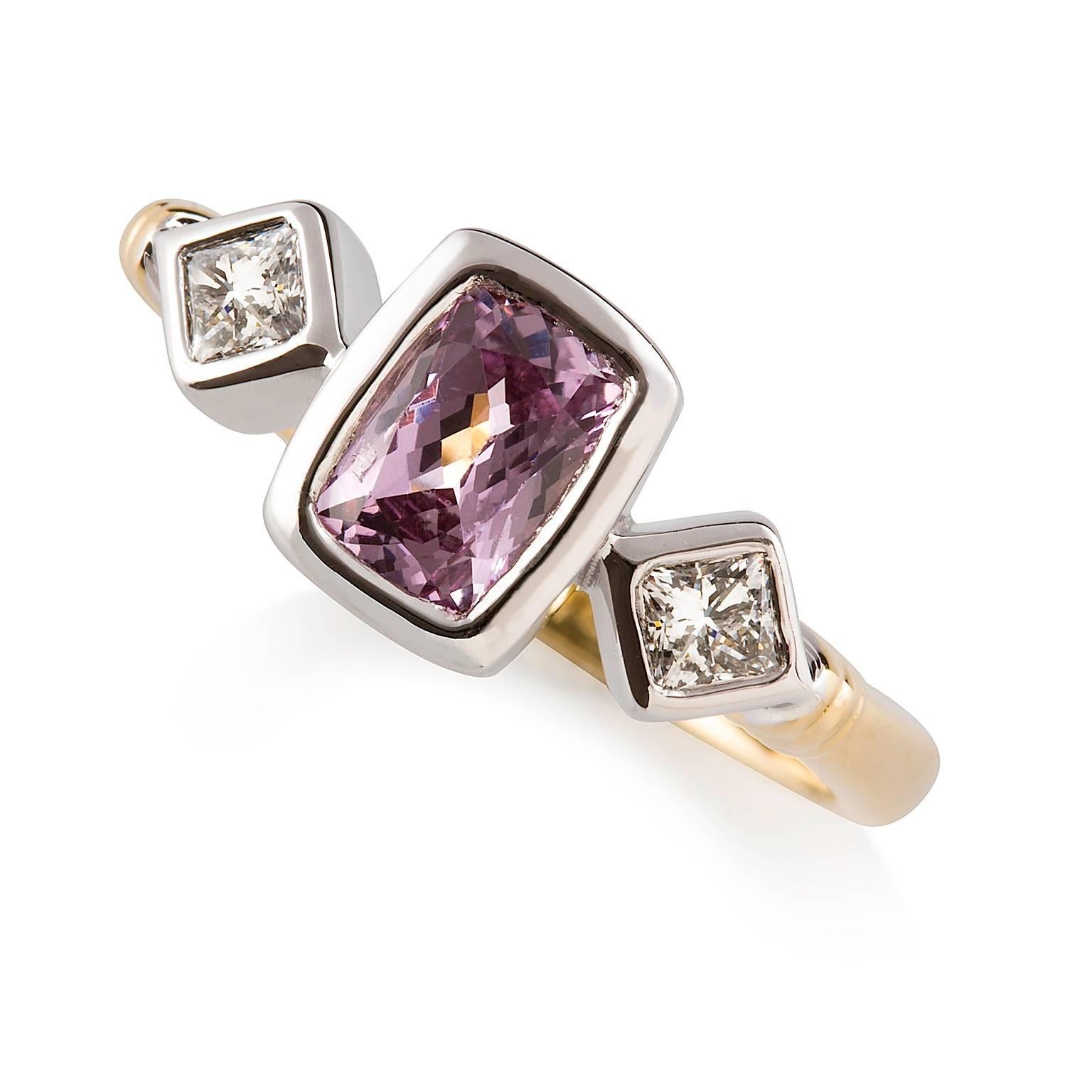 Rosa Zaffiro Ring

This gorgeous two-toned handmade dress ring features a stunning pink sapphire that is complimented with princess cut diamonds on either side, all set in 18ct white gold. The band is made of 18ct yellow gold with an understated