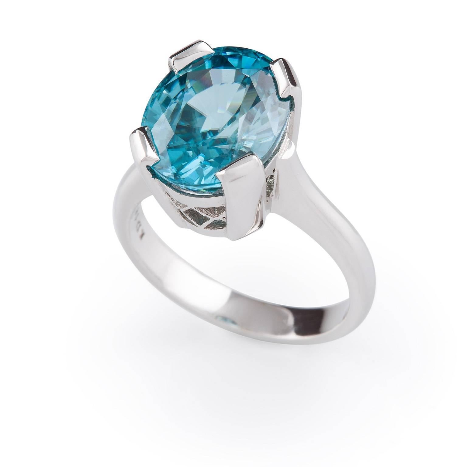Zircone Blu Ring

This stunning dress ring in 18 carat white gold is set with a single natural blue zircon in a fancy four claw basket setting. 

Oval faceted zircon: medium blue, attractive stone, 7.71 carats, 
measuring approximately 12.35 x 9.97