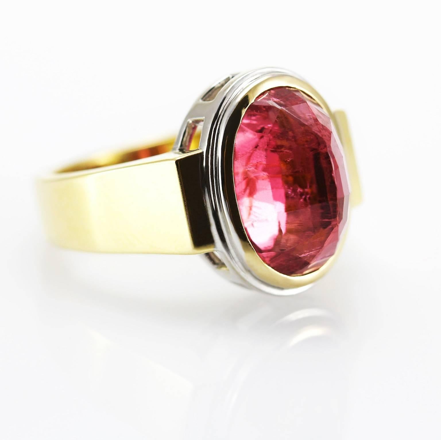 Oval Cut  7.38 Carat Orange- Pink Tourmaline Cocktail Ring In 18 Carat Two Tone Gold For Sale
