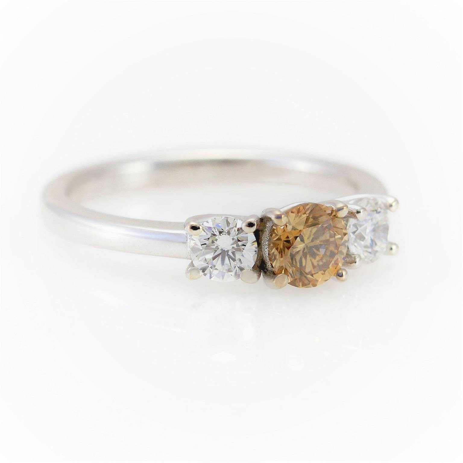 Art Deco Kian Design 18 Carat Three Stones Cognac & White Round Diamond Engagement Ring