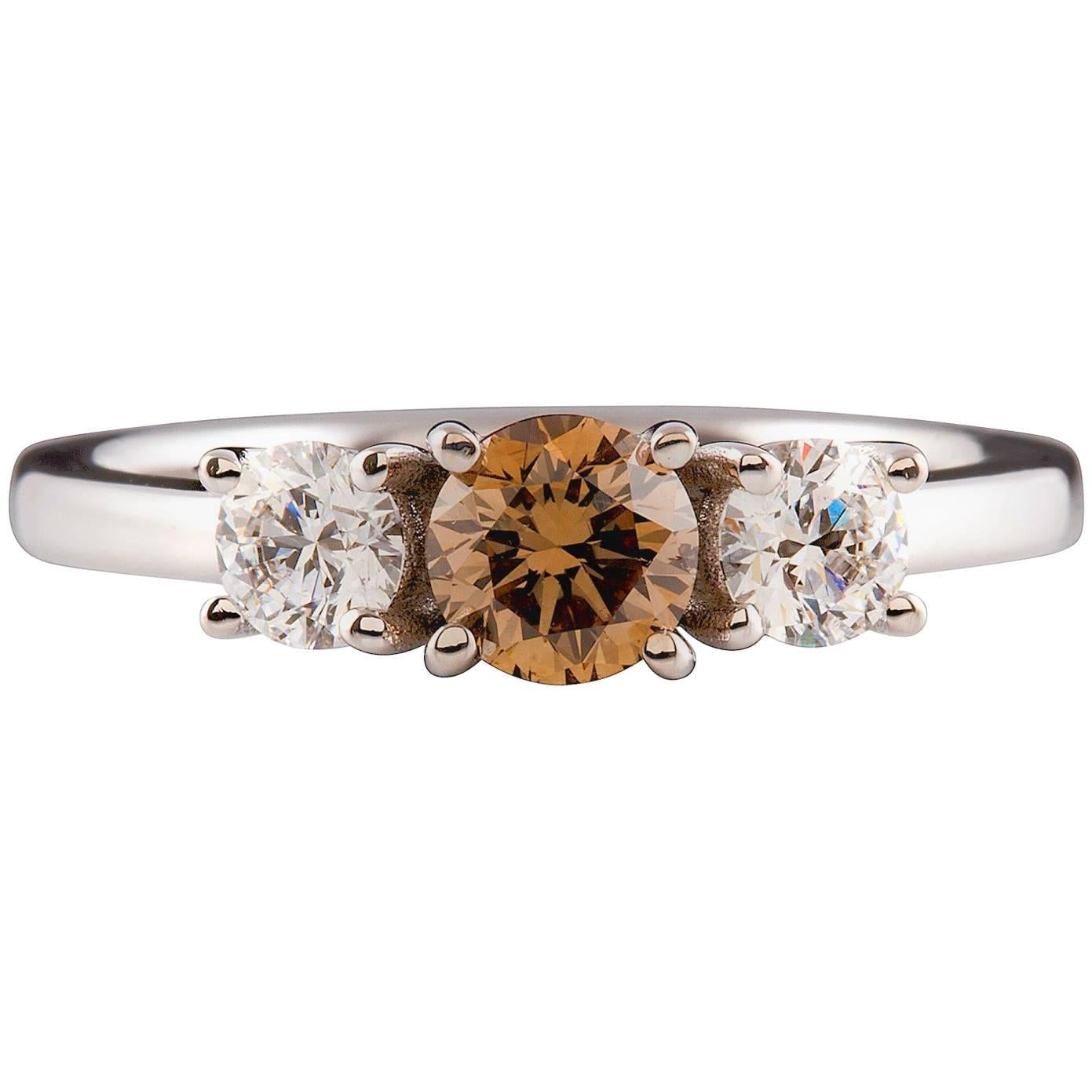 Kian Design 18 Carat Three Stones Cognac and White Round Diamond Engagement Ring