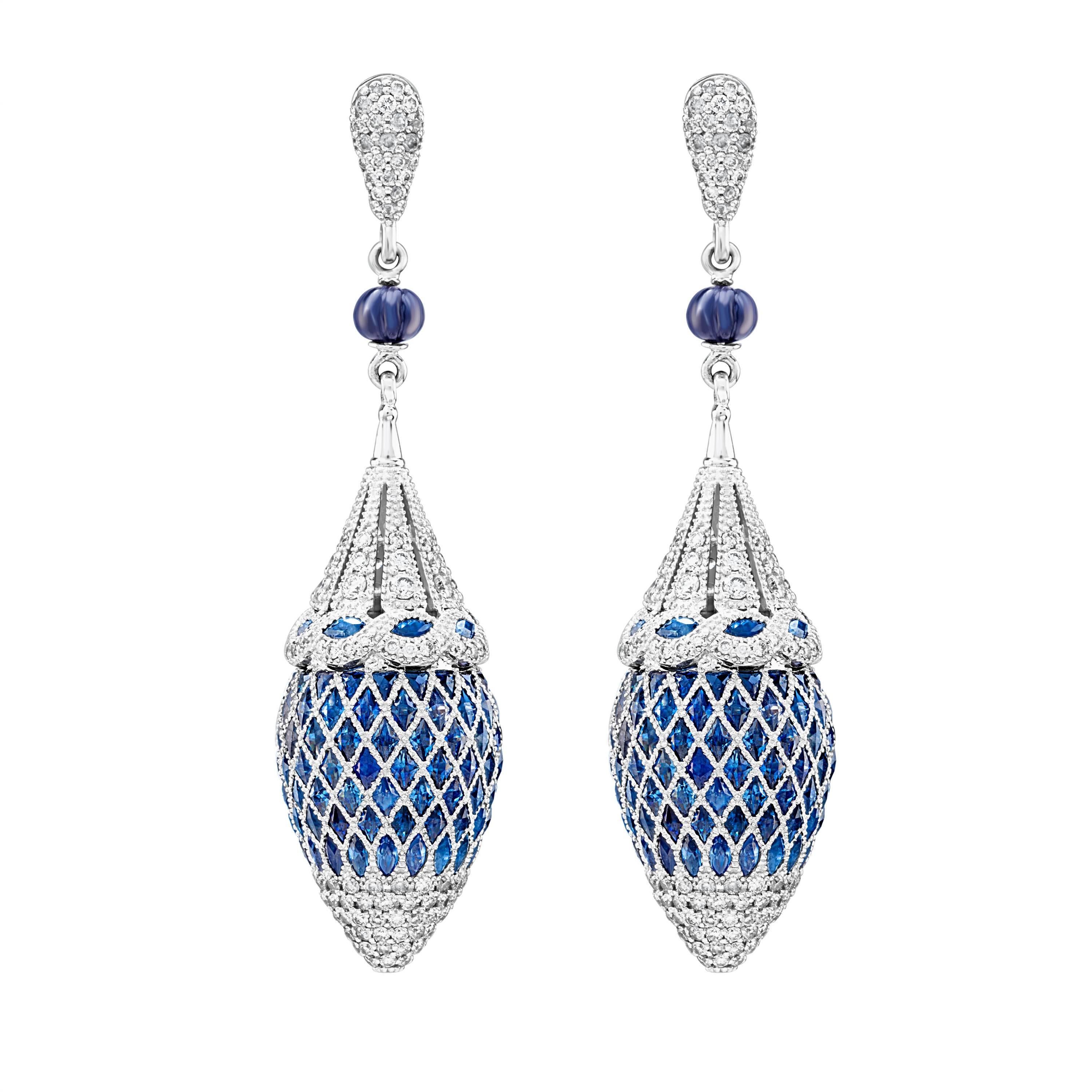 360 Degrees Blue Sapphire and Diamond Drop Earrings For Sale