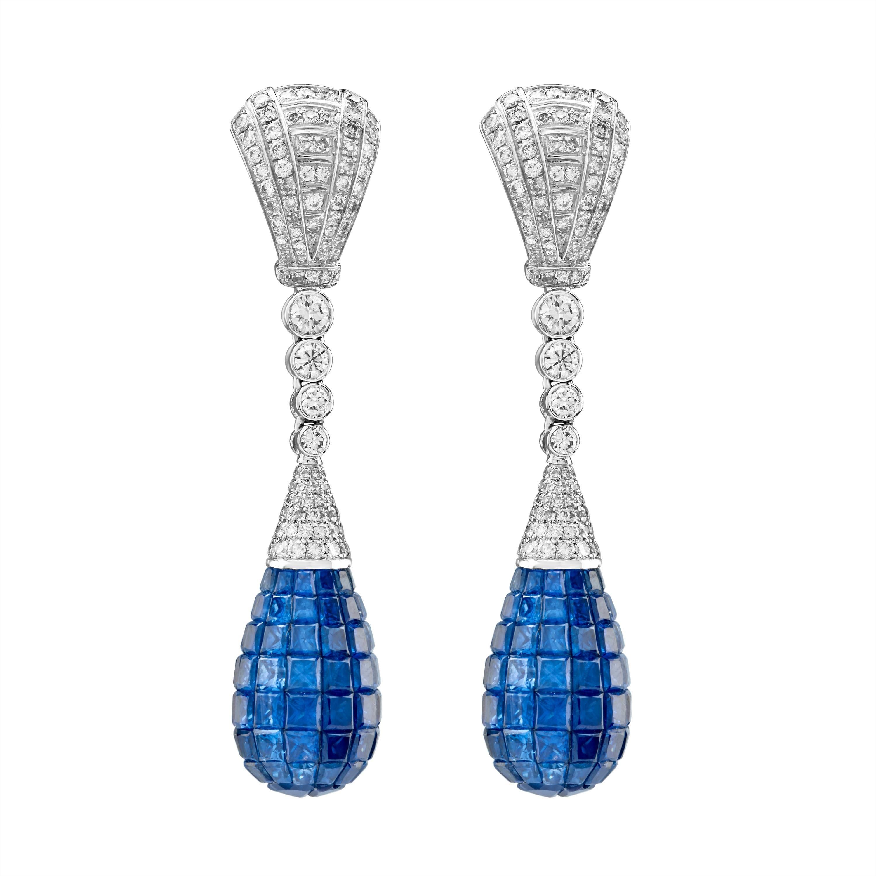 Invisible Set Blue Sapphire Diamond Drop Earrings For Sale