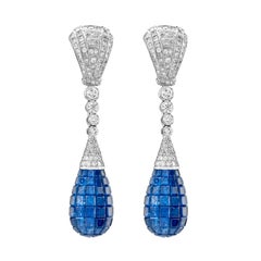 Invisible Set Blue Sapphire Diamond Drop Earrings