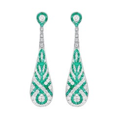 Interlocking Emerald Diamond Arabesque Design Drop Earrings