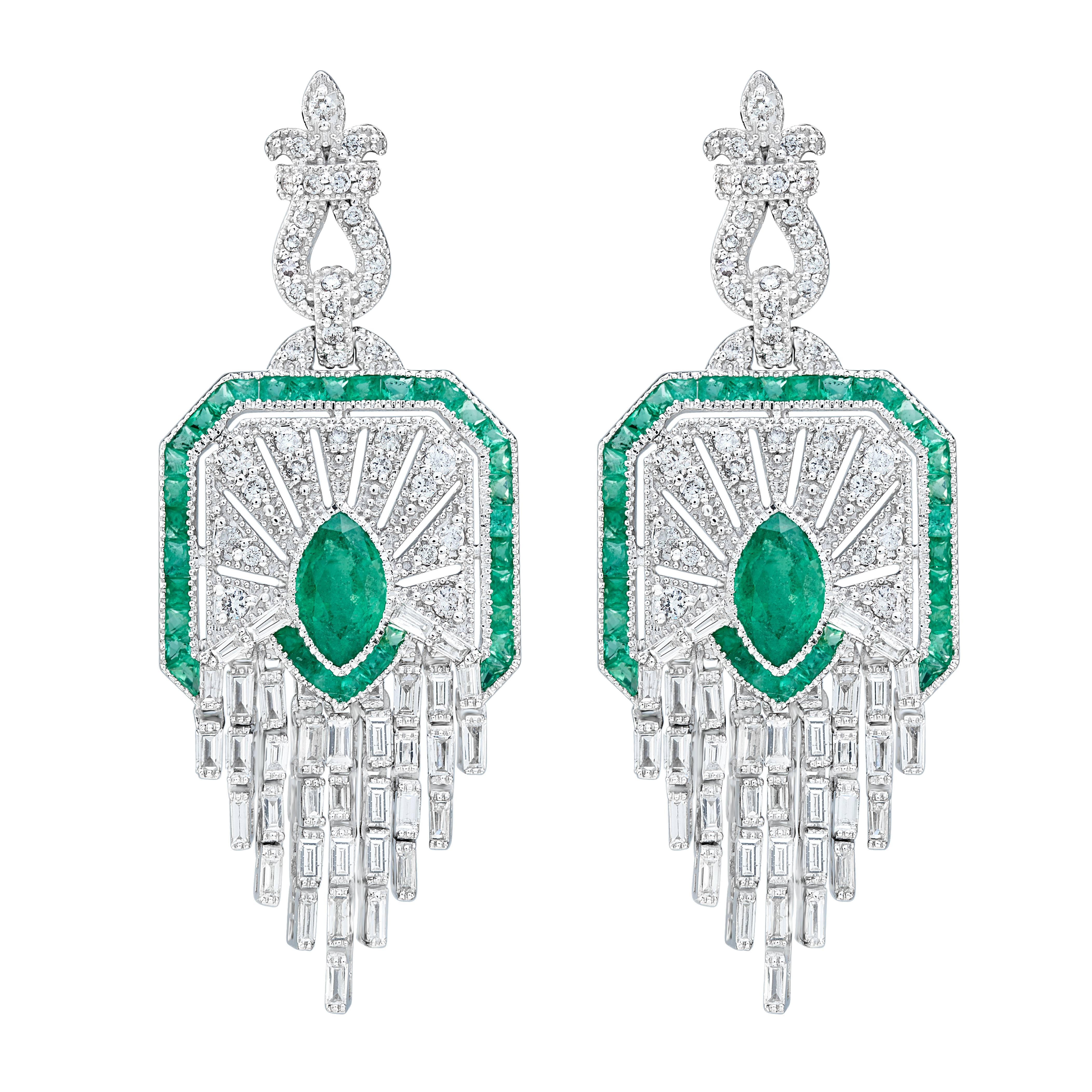 Natural Green Colombian Emerald Diamond Cascade Drop Earrings For Sale