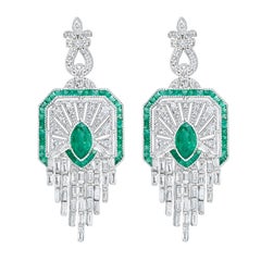 Natural Green Colombian Emerald Diamond Cascade Drop Earrings