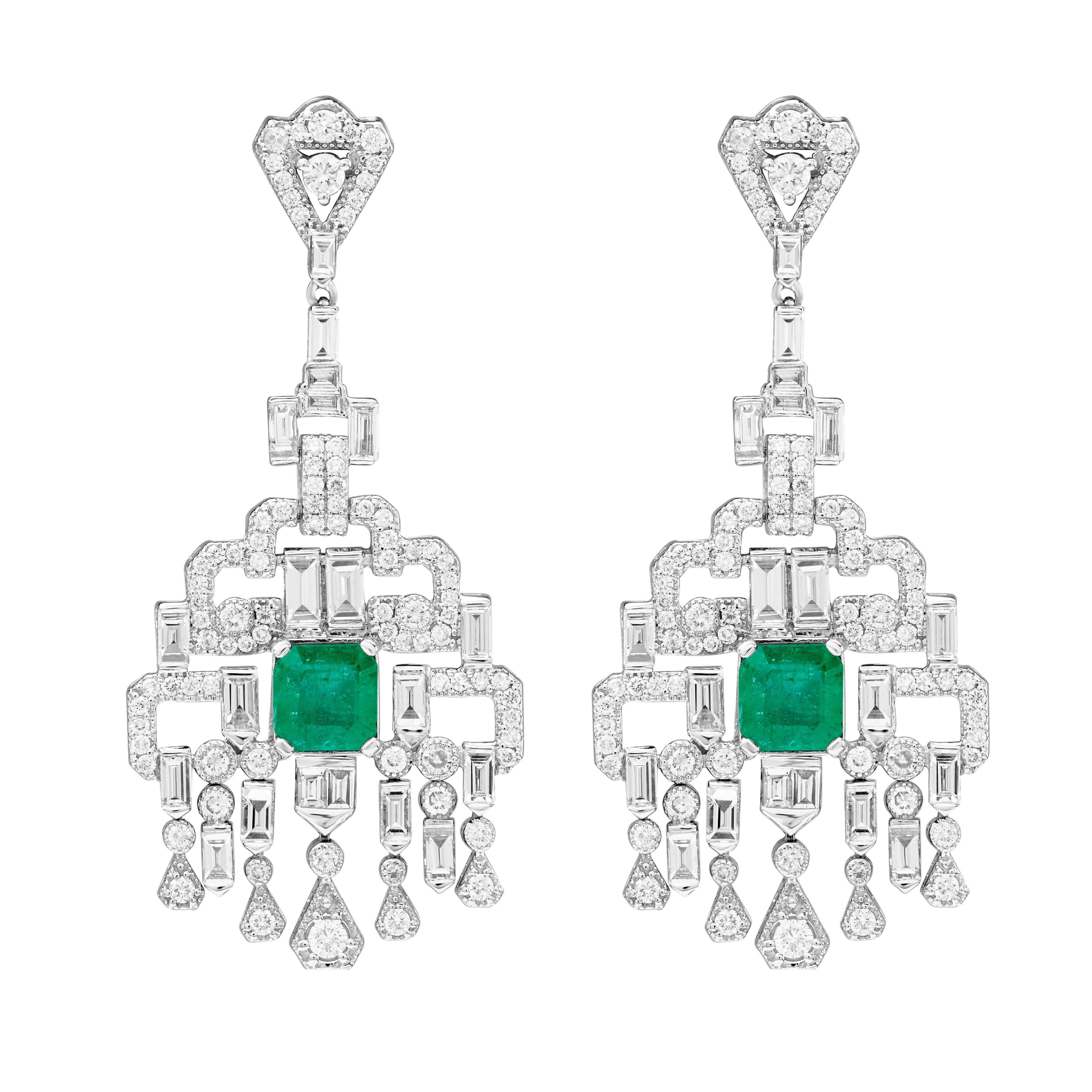 Vivid Green Zambian Emerald Diamond Chandelier Earrings For Sale
