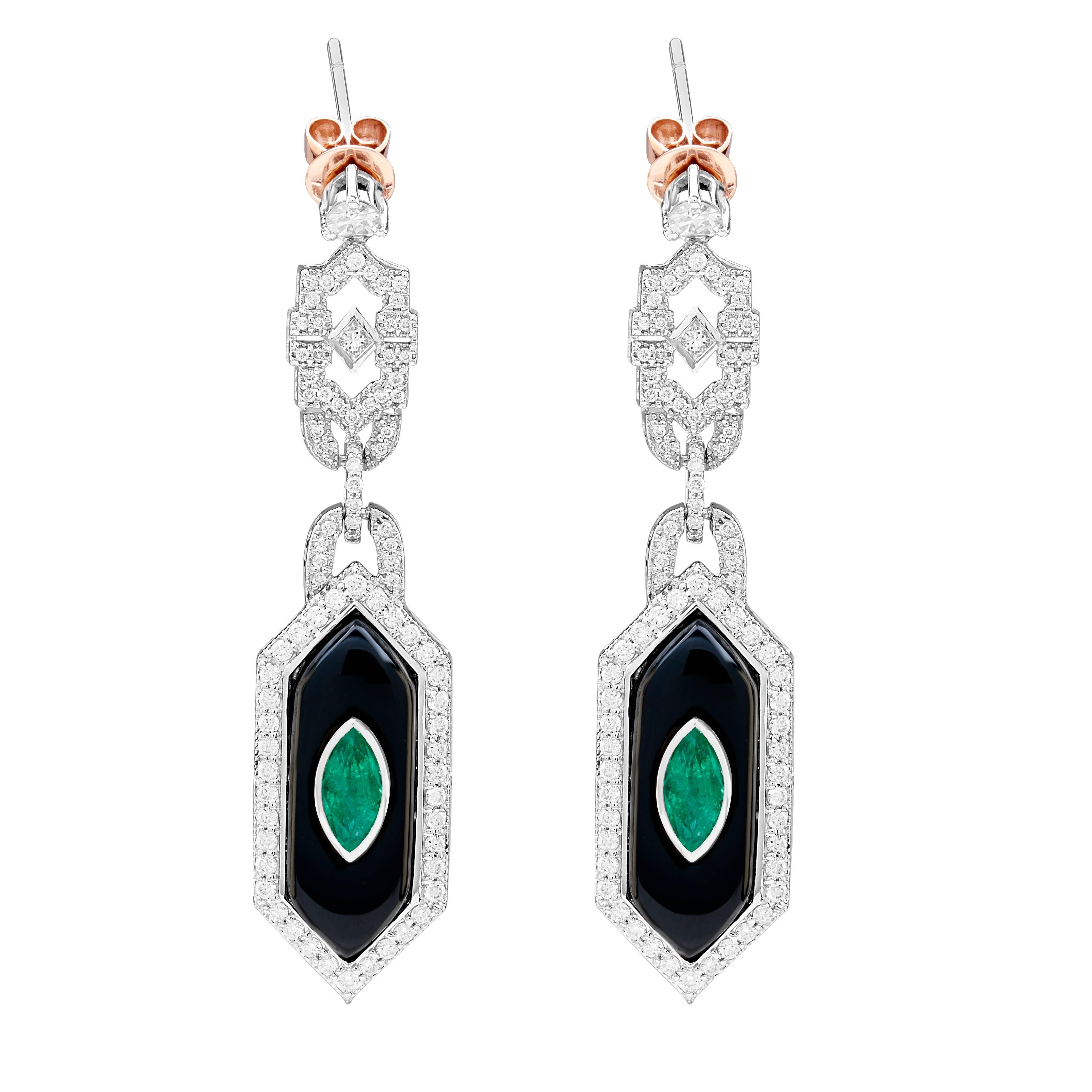 Hexagon  Emerald Onyx Diamond Drop Earrings For Sale