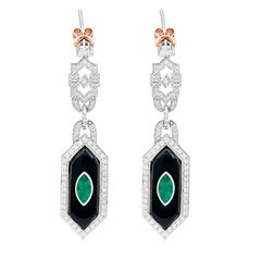 Hexagon  Emerald Onyx Diamond Drop Earrings