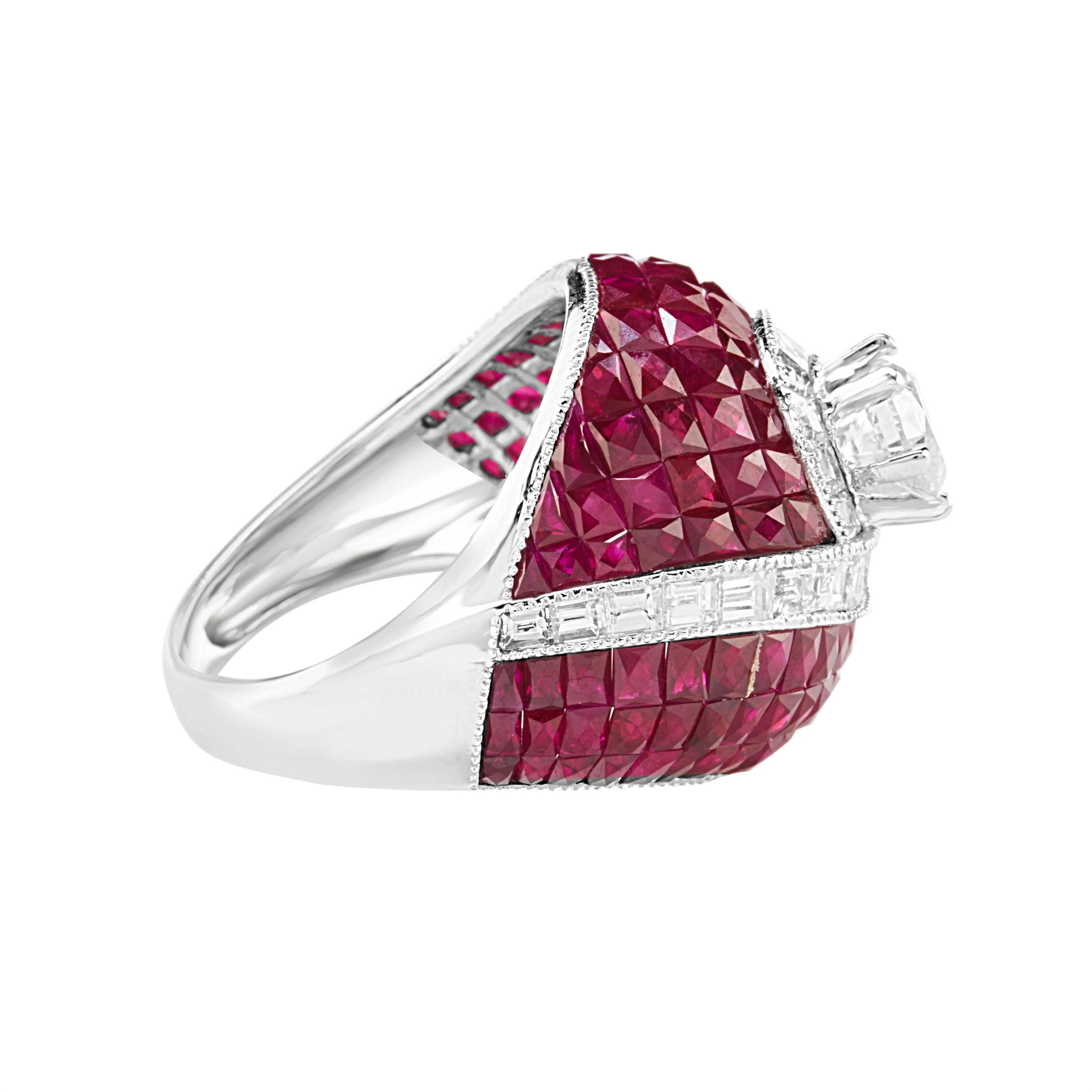 This ring does the talking for you! GIL Report
Featuring a Diamond dome centre surrounded by beautiful and perfectly French cut Rubies.
Each Diamond and Ruby were superbly made and perfectly cut to interlock into this amazing piece of fine art.
Ruby